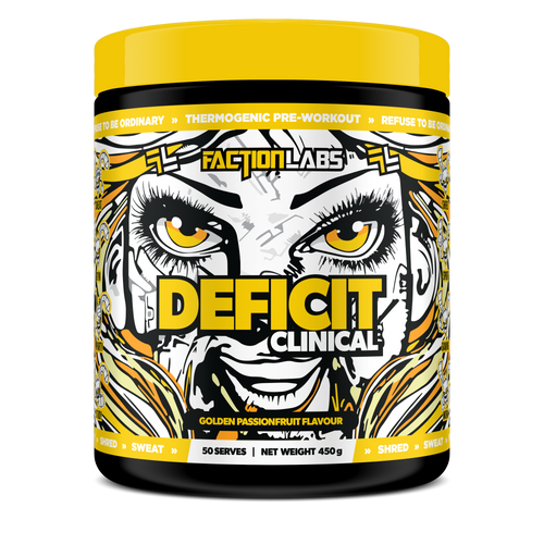 Faction Labs Deficit Clinical supplement container with a graphic design on a white background