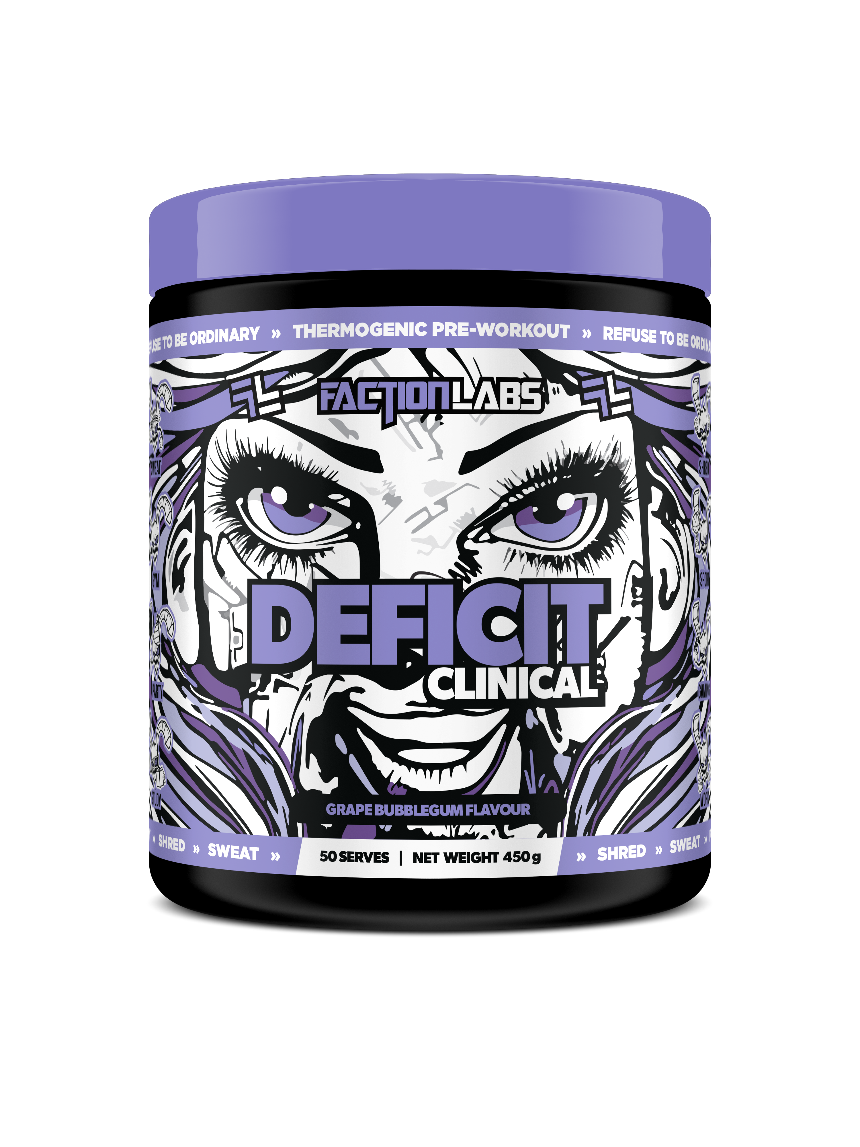 Faction Labs Deficit Clinical supplement container with graphic design on a black background