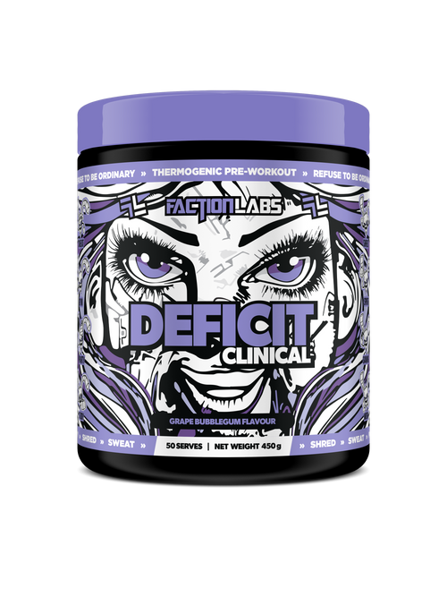 Faction Labs Deficit Clinical supplement container with graphic design on a black background