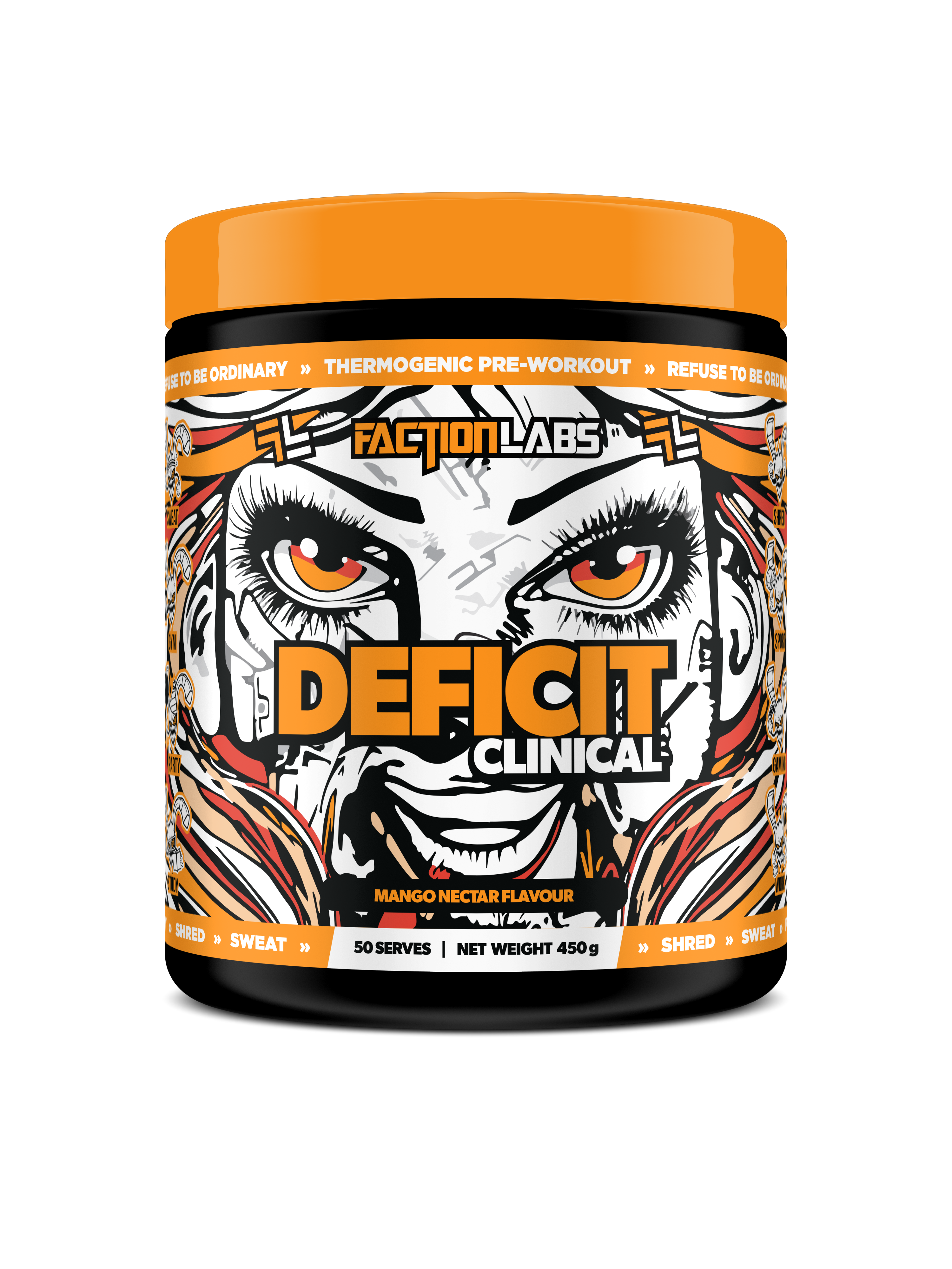 Faction Labs Deficit Clinical supplement container with a stylized face design on a black background
