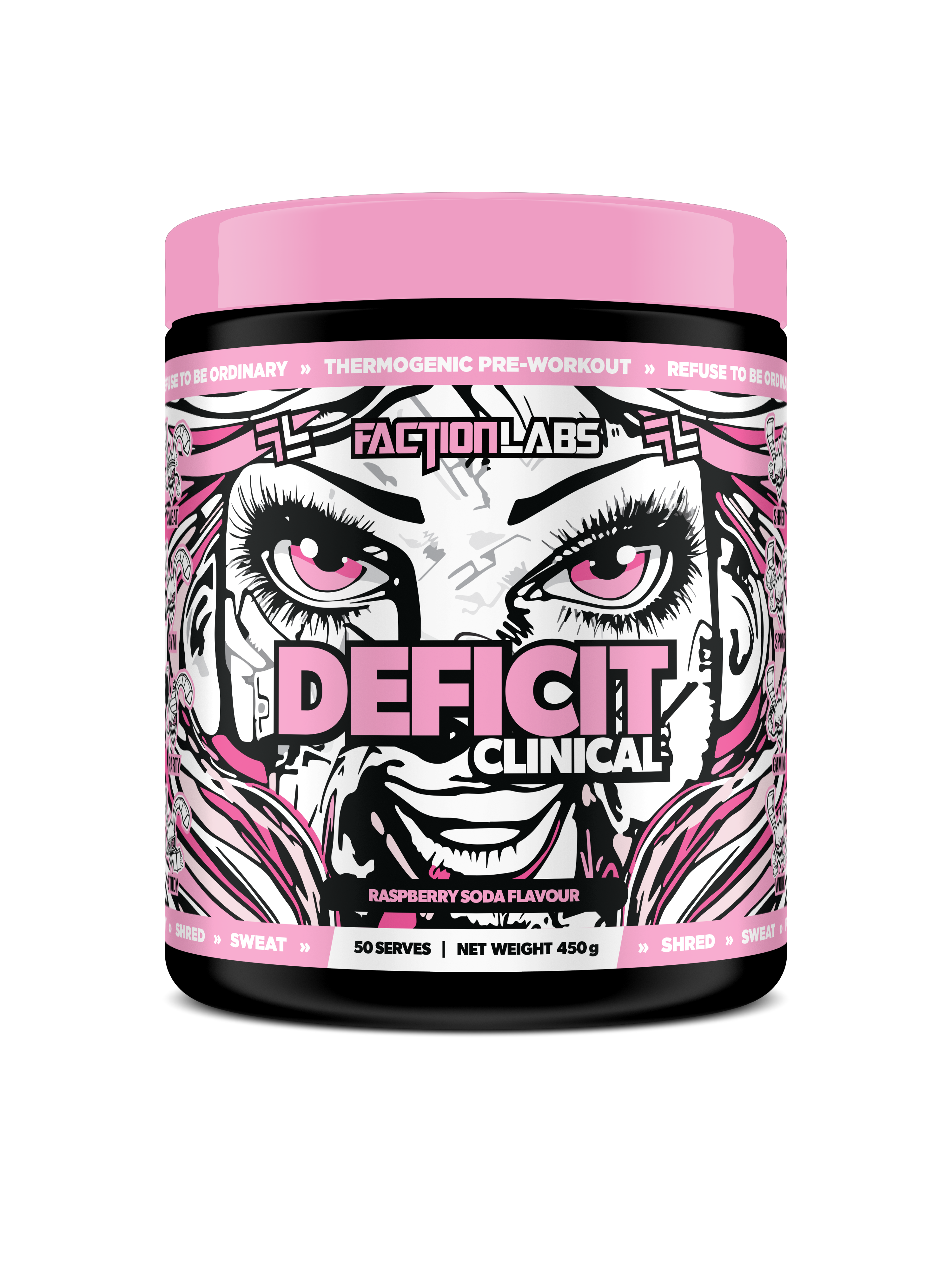 Pink supplement container with graphic design and text on a white background