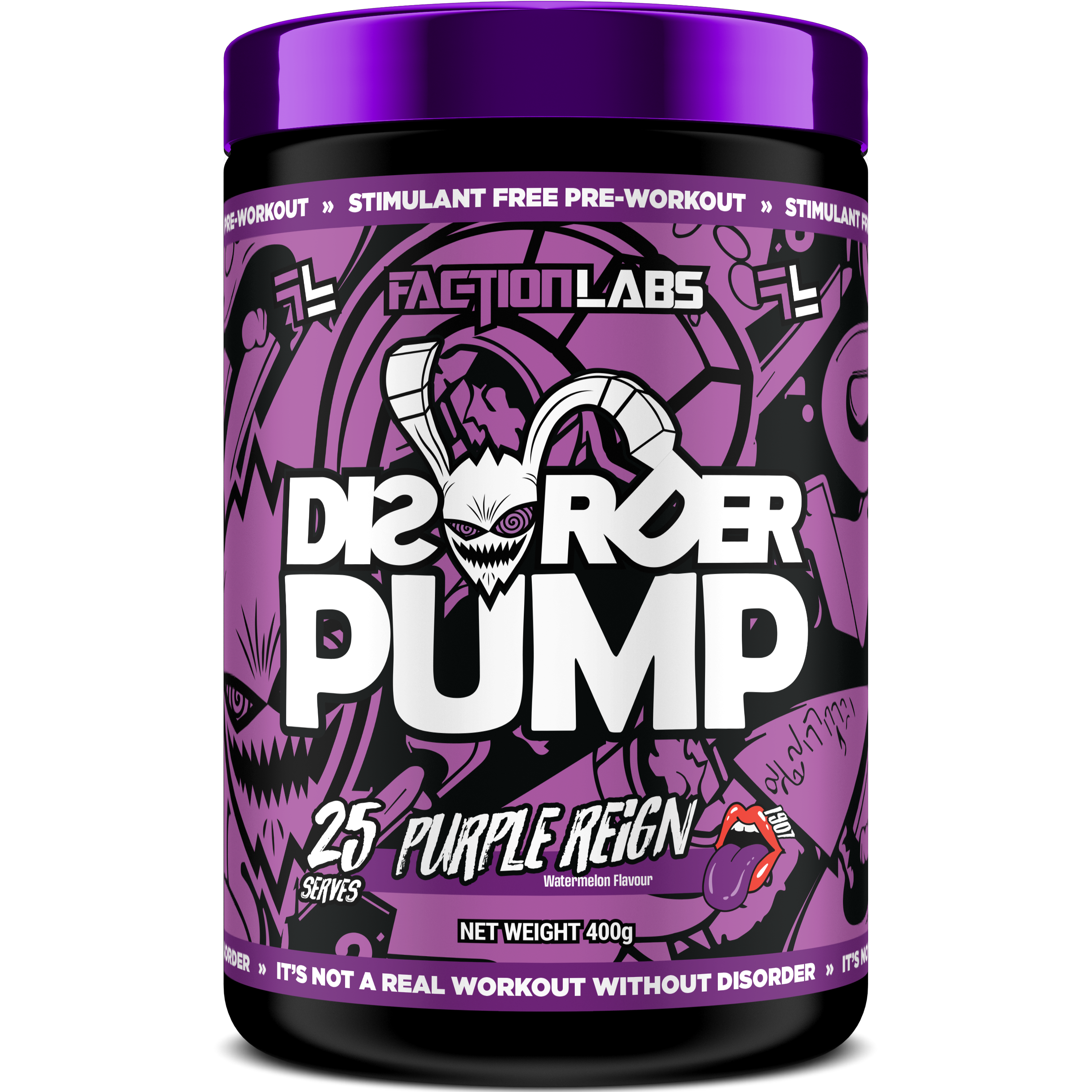 Purple supplement container labeled 'Disorder Pump' with Faction Labs branding on a black background.