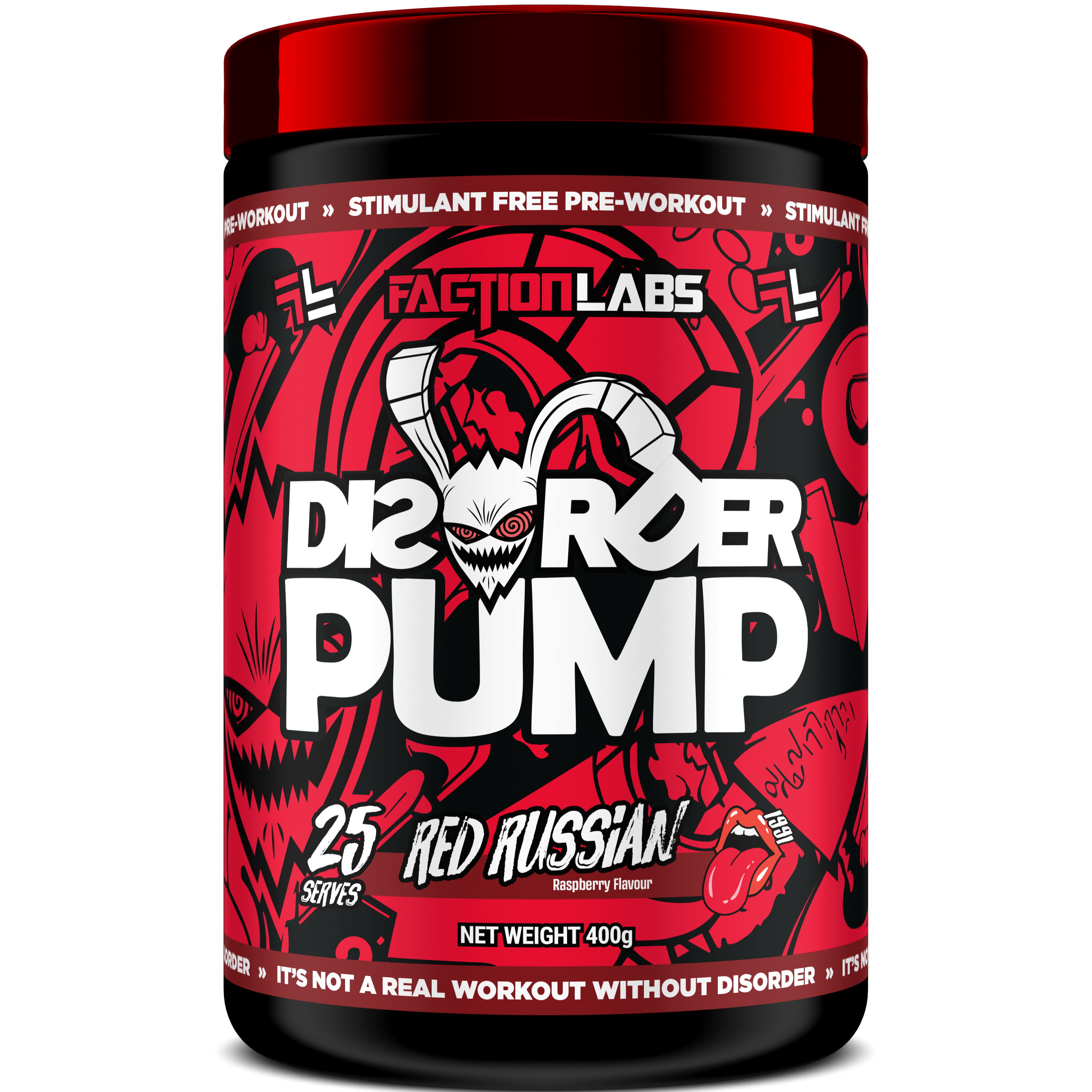 Supplement container labeled 'Disorder Pump' by Faction Labs on a white background