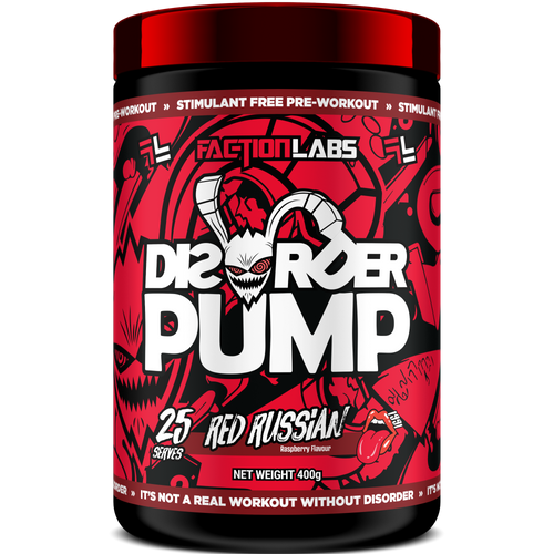 Supplement container labeled 'Disorder Pump' by Faction Labs on a white background