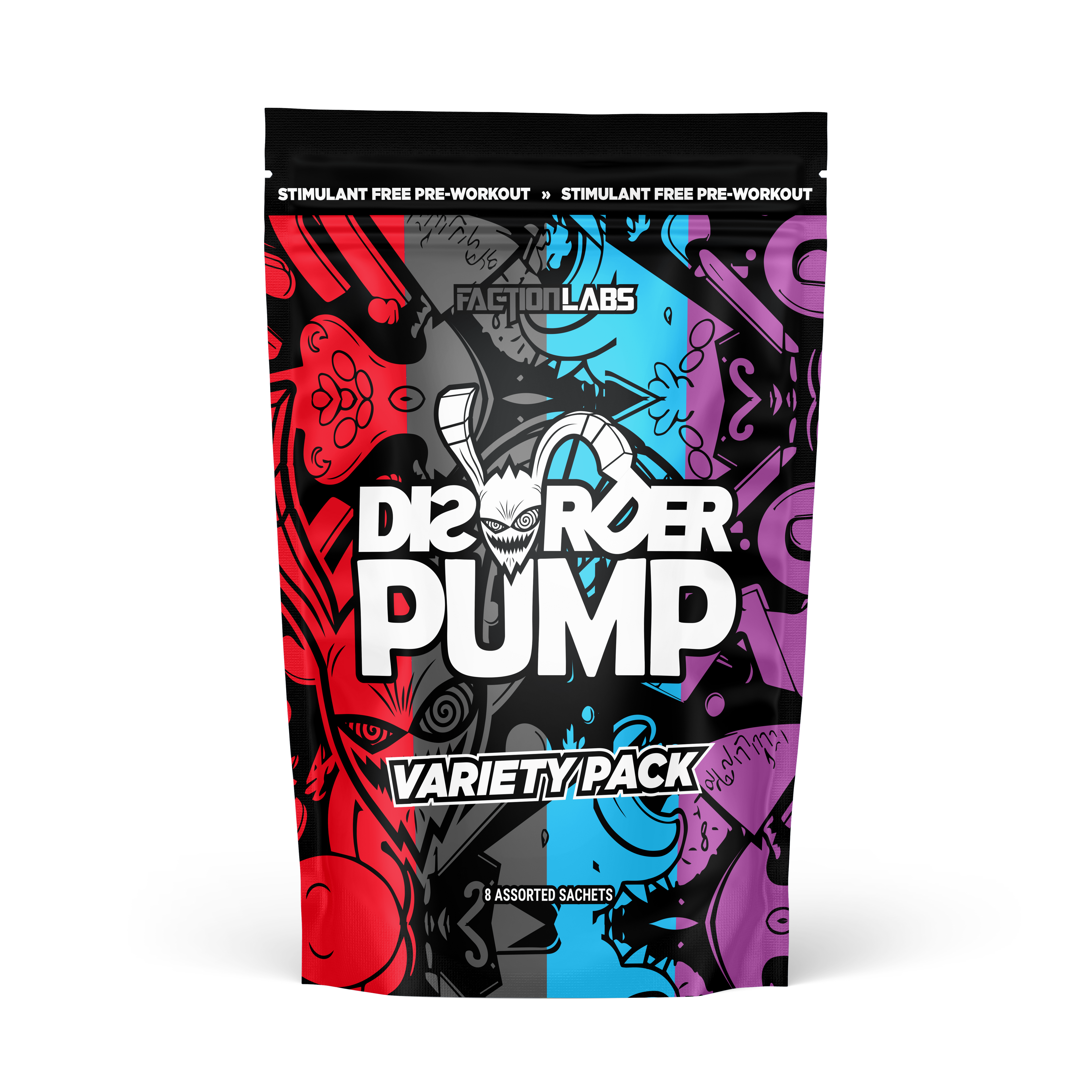 Faction Labs Disorder Pump Variety Pack pre-workout supplement packaging on a white background