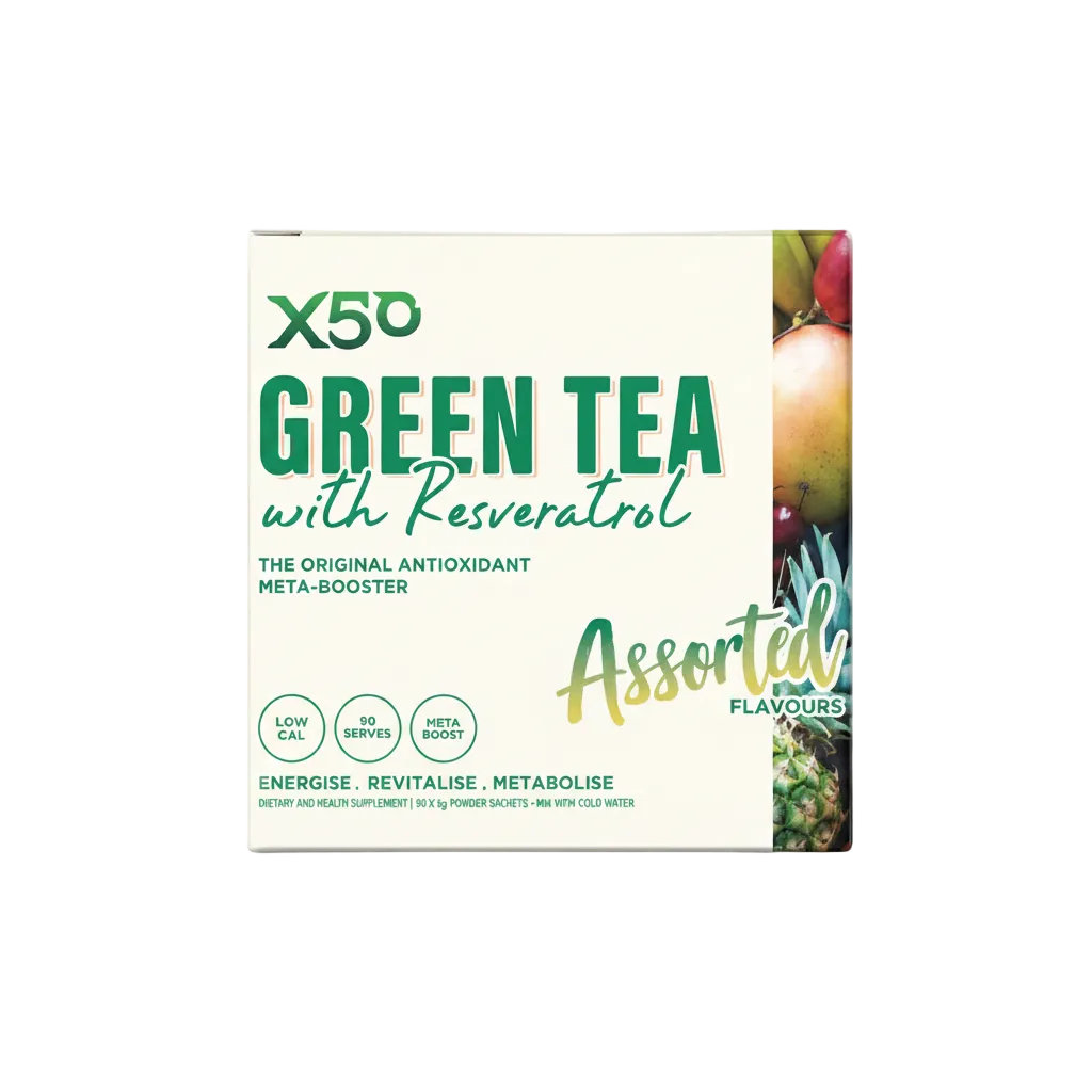 Box of X50 Green Tea with Resveratrol on a light beige background