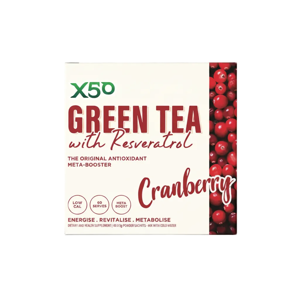 Box of X50 Green Tea with Resveratrol Cranberry on a light pink background