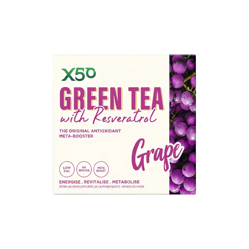 Box of X50 Green Tea with Resveratrol Grape on a light pink background