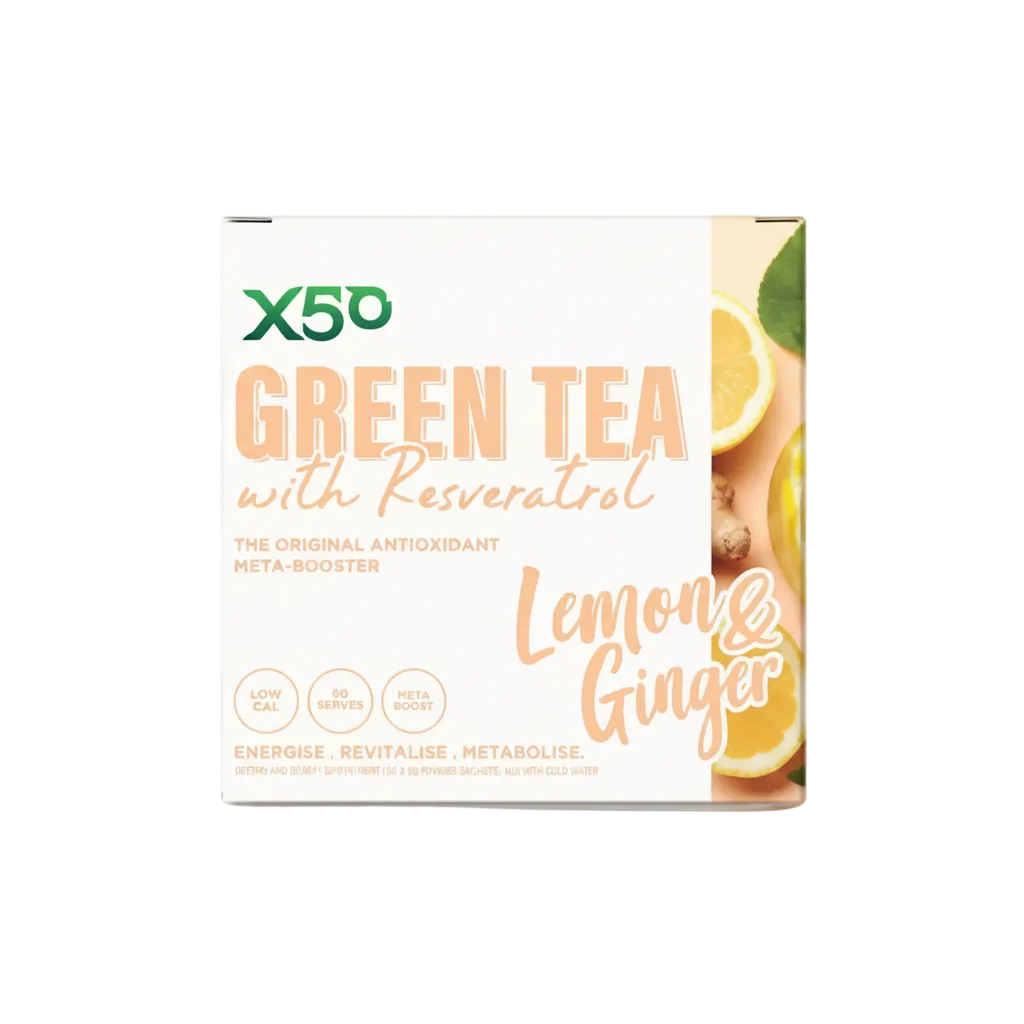Box of X50 Green Tea with Resveratrol Lemon & Ginger on a light beige background