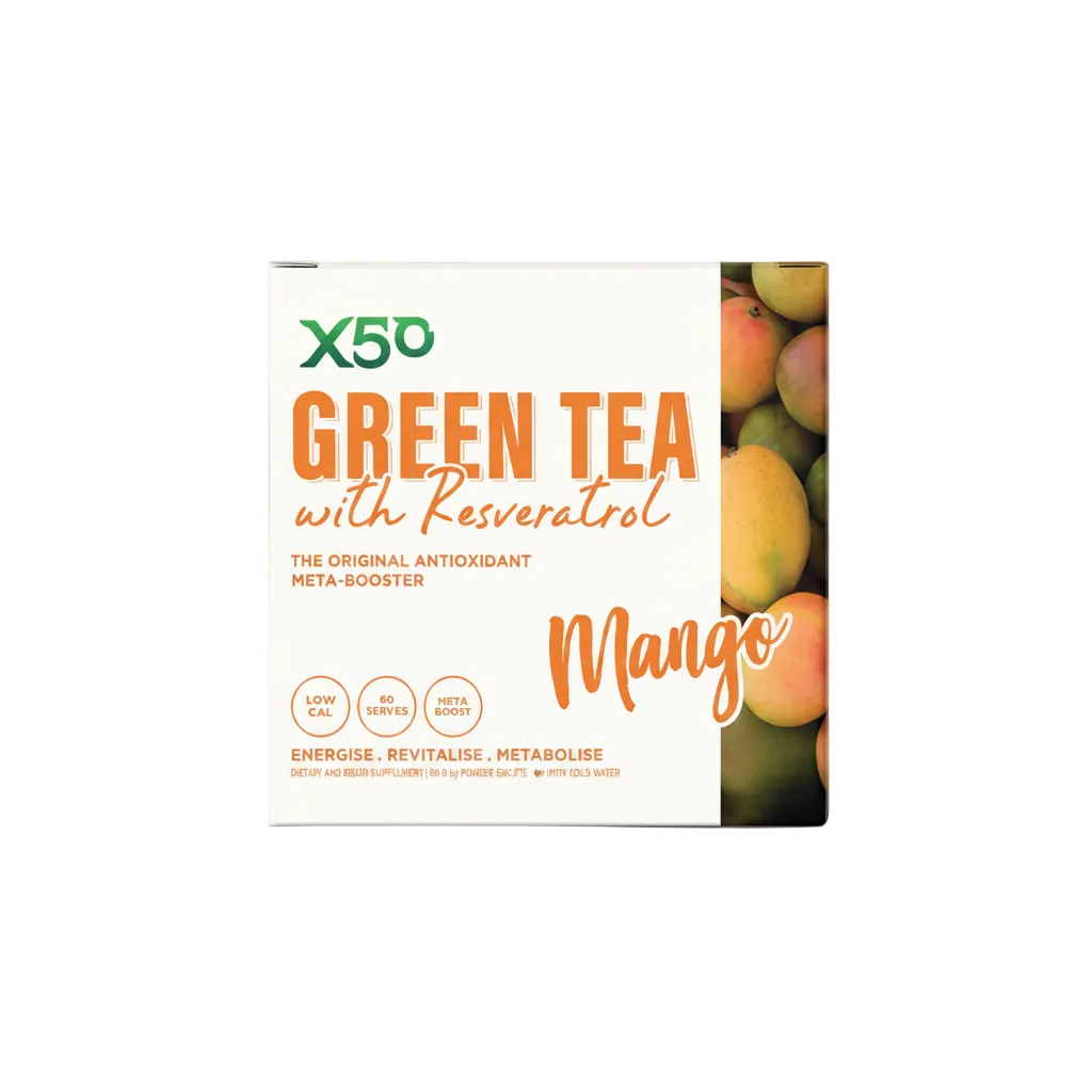 Box of X50 Green Tea with Resveratrol Mango flavor on a light beige background