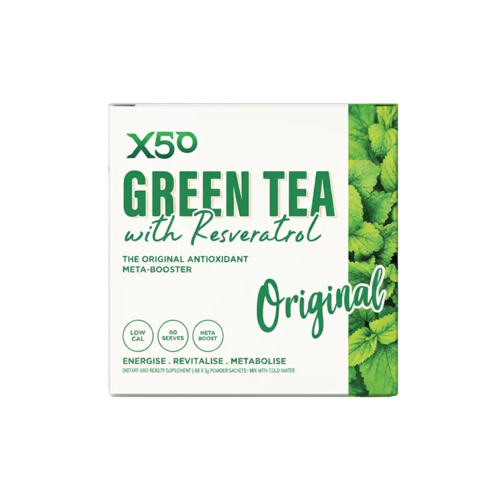 Box of X50 Green Tea with Resveratrol on a light beige background