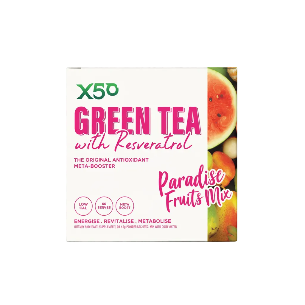 Box of X50 Green Tea with Resveratrol and Paradise Fruits Mix on a light pink background