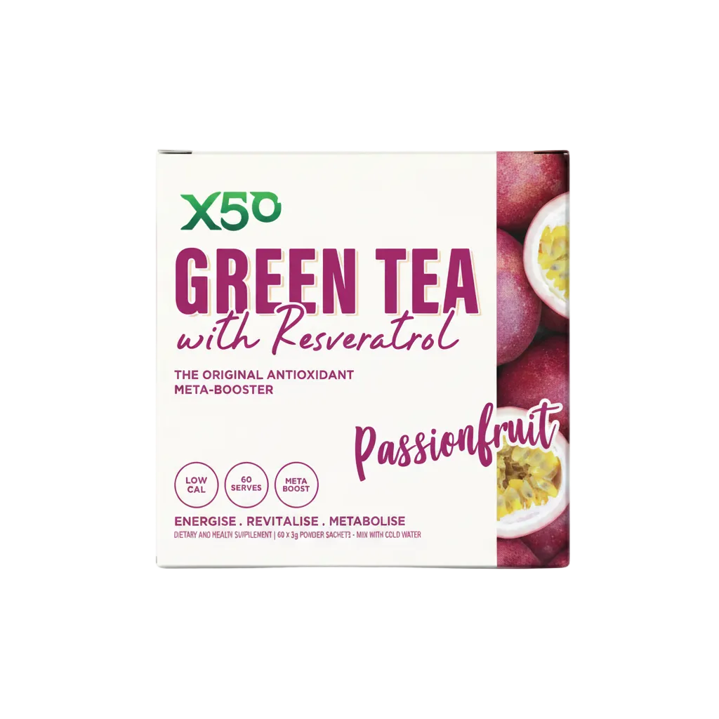 Box of X50 Green Tea with Resveratrol Passionfruit flavor on a light pink background