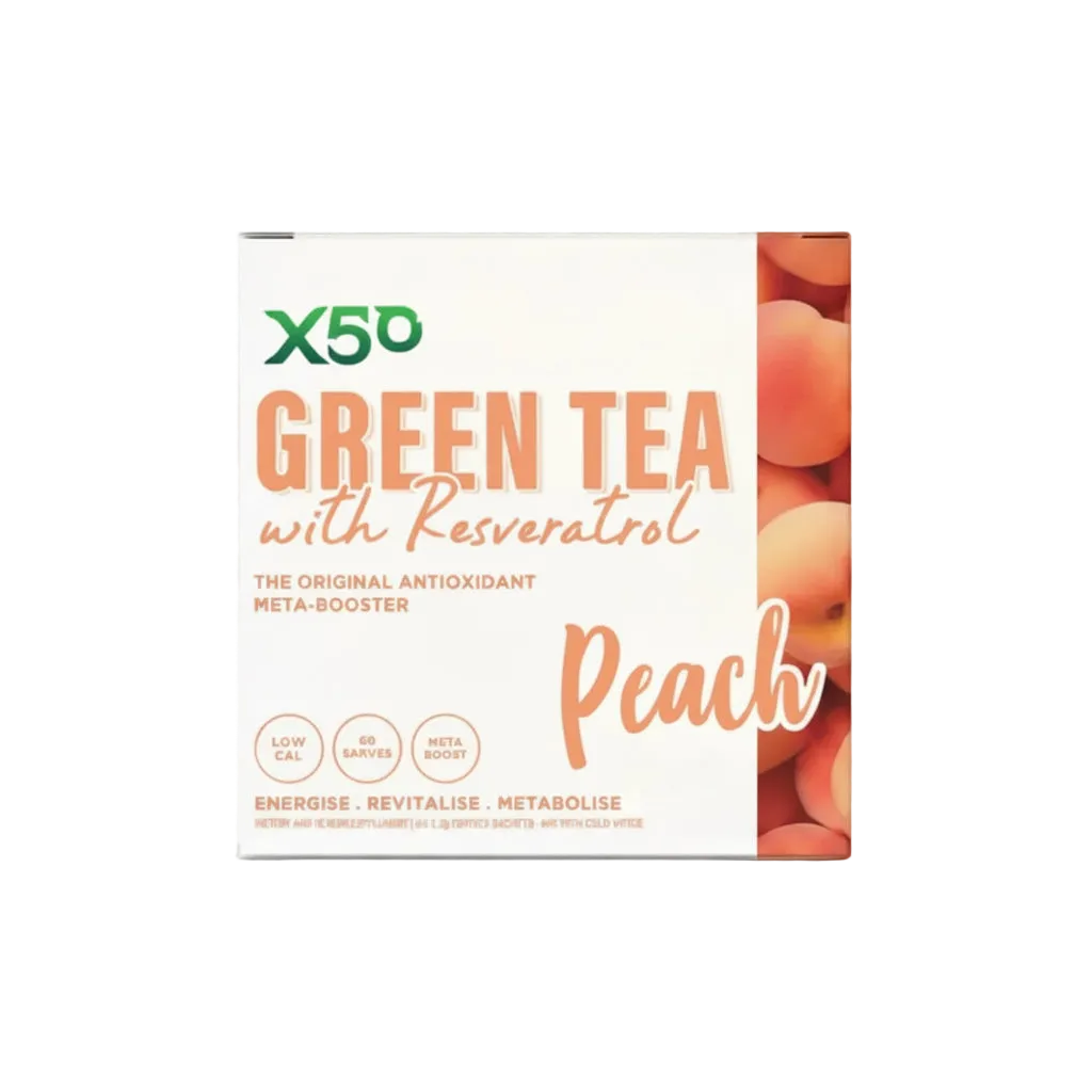 Box of X50 Green Tea with Resveratrol Peach flavor on a light pink background