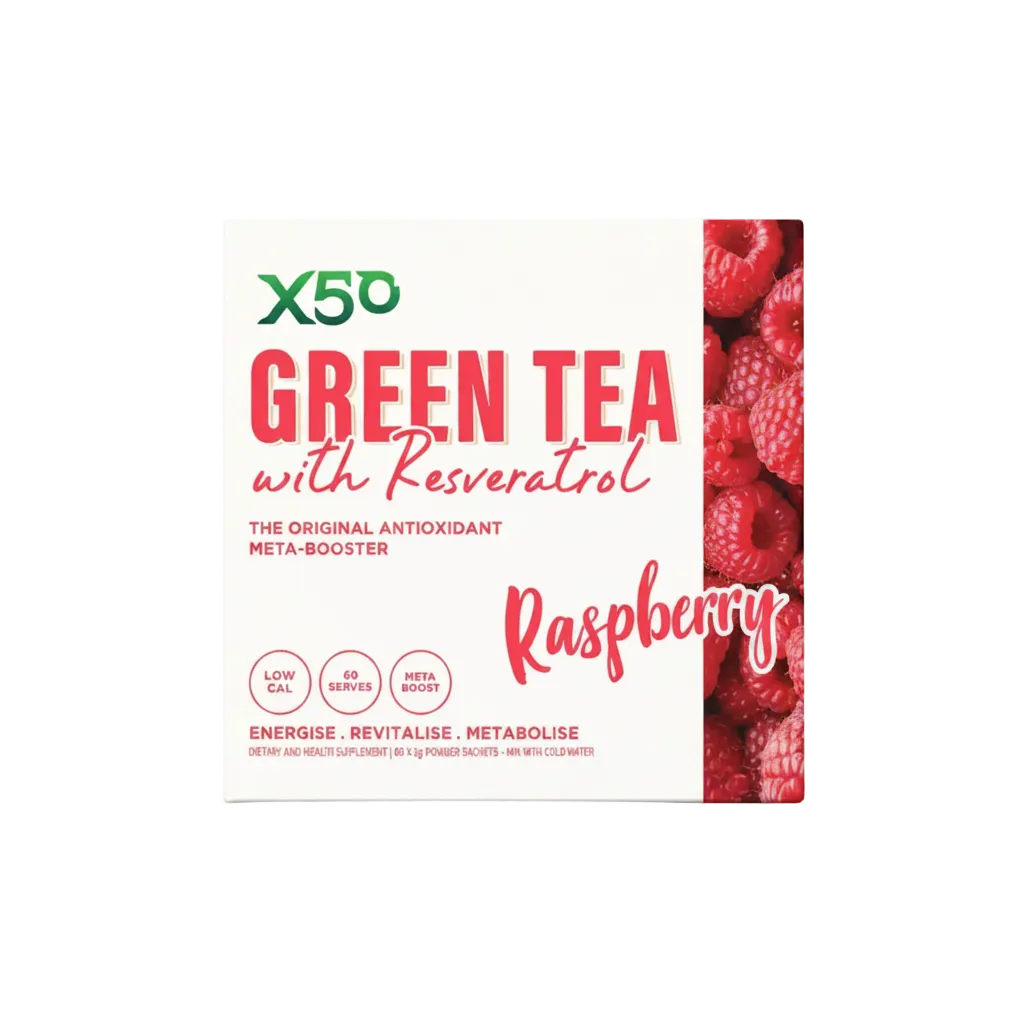 Box of X50 Green Tea with Resveratrol Raspberry on a light pink background