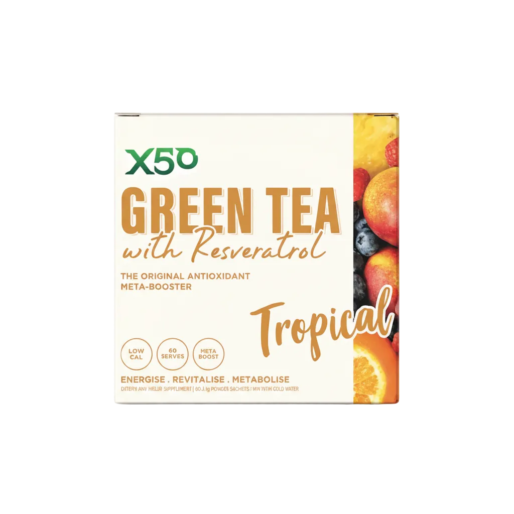 Box of X50 Green Tea with Resveratrol Tropical flavor on a light beige background