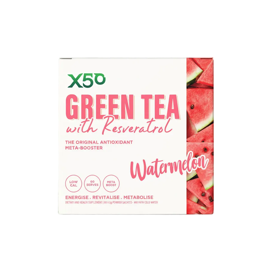 Box of X50 Green Tea with Resveratrol Watermelon flavor on a light pink background