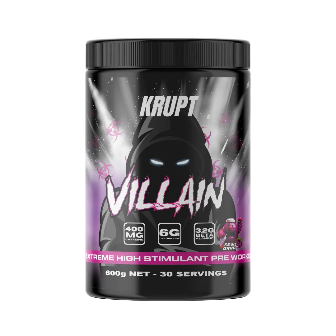Krupt Villain pre-workout supplement container with black and purple design on a white background