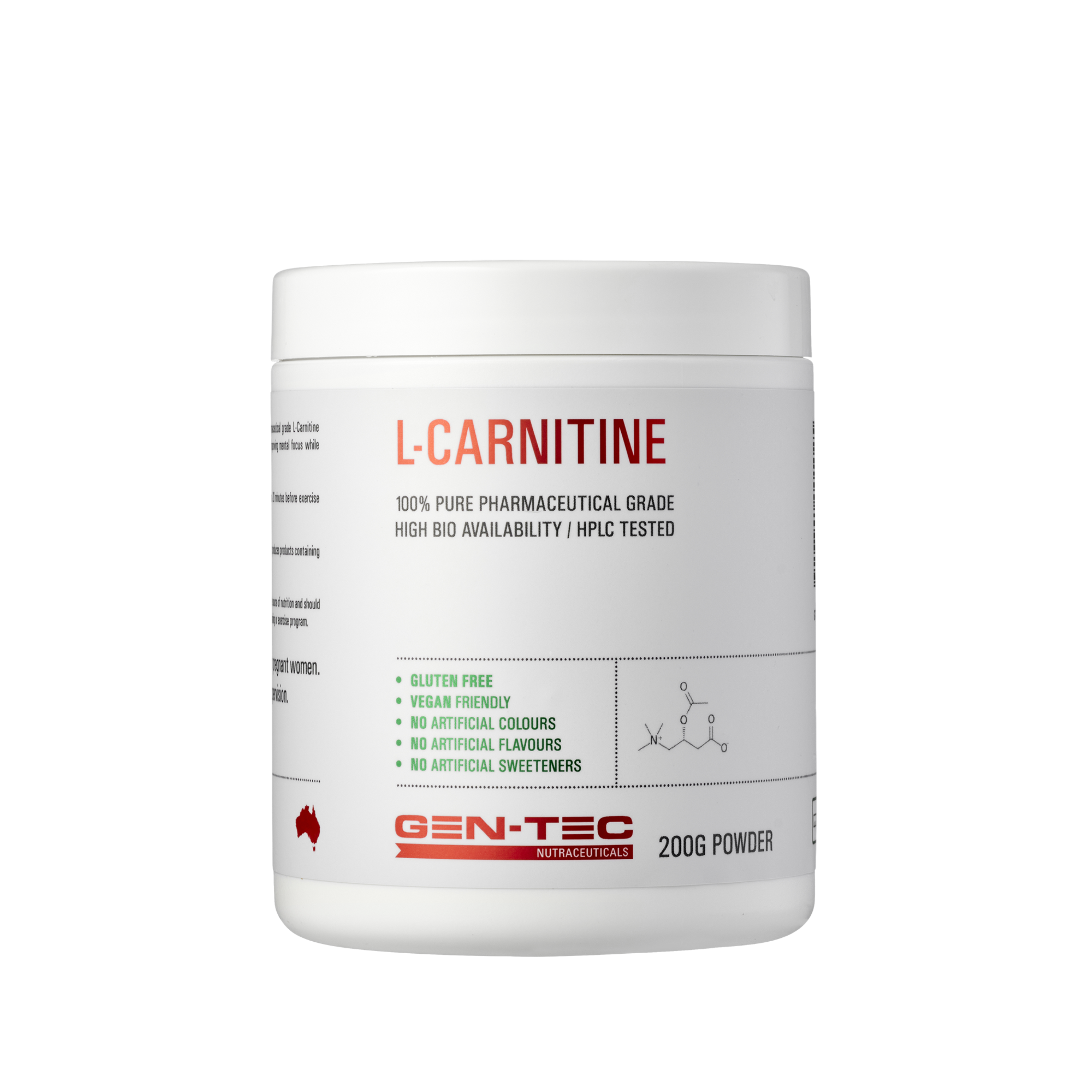 L-Carnitine powder container with Gen-Tec branding on a white background