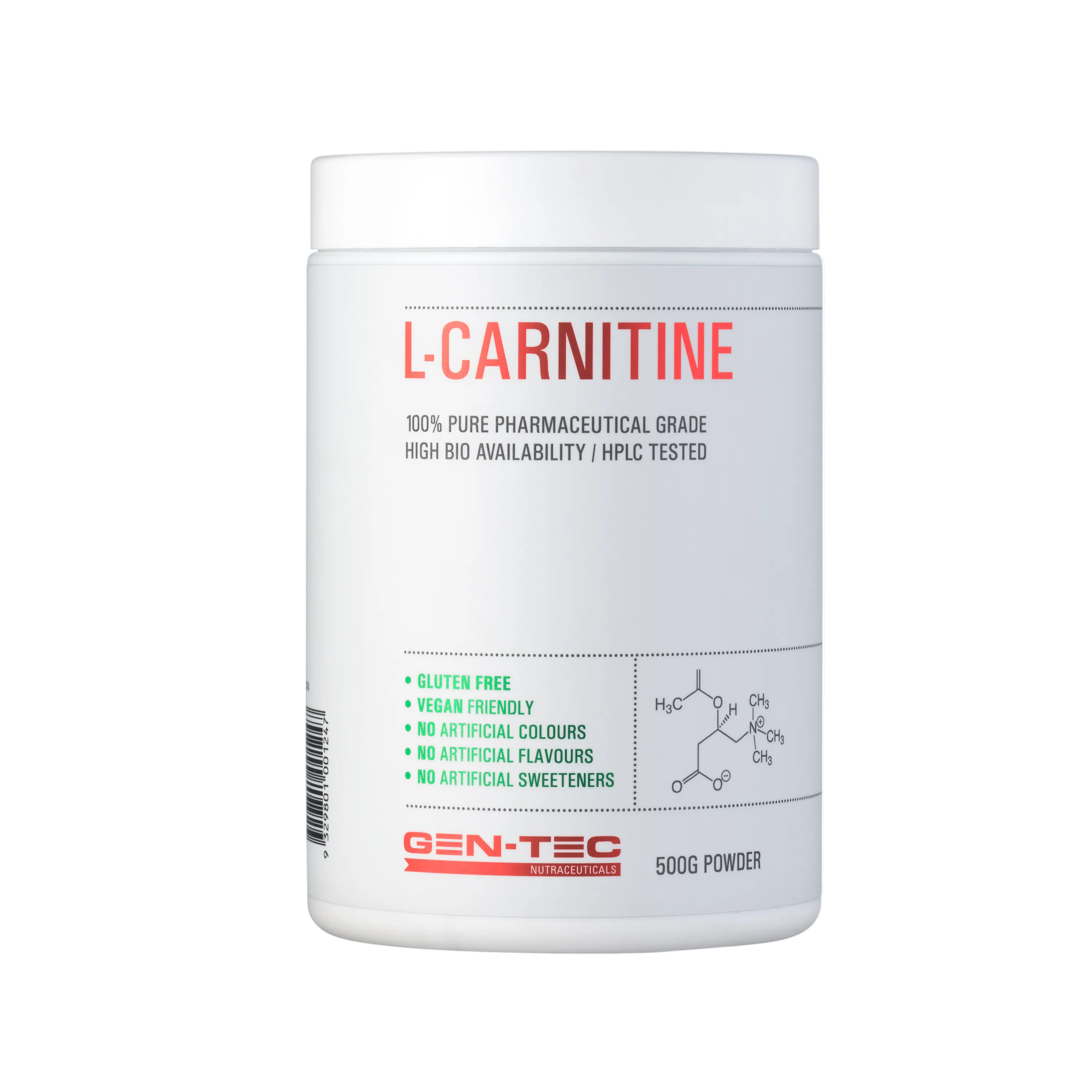 L-Carnitine powder container with GEN-TEC branding on a white background
