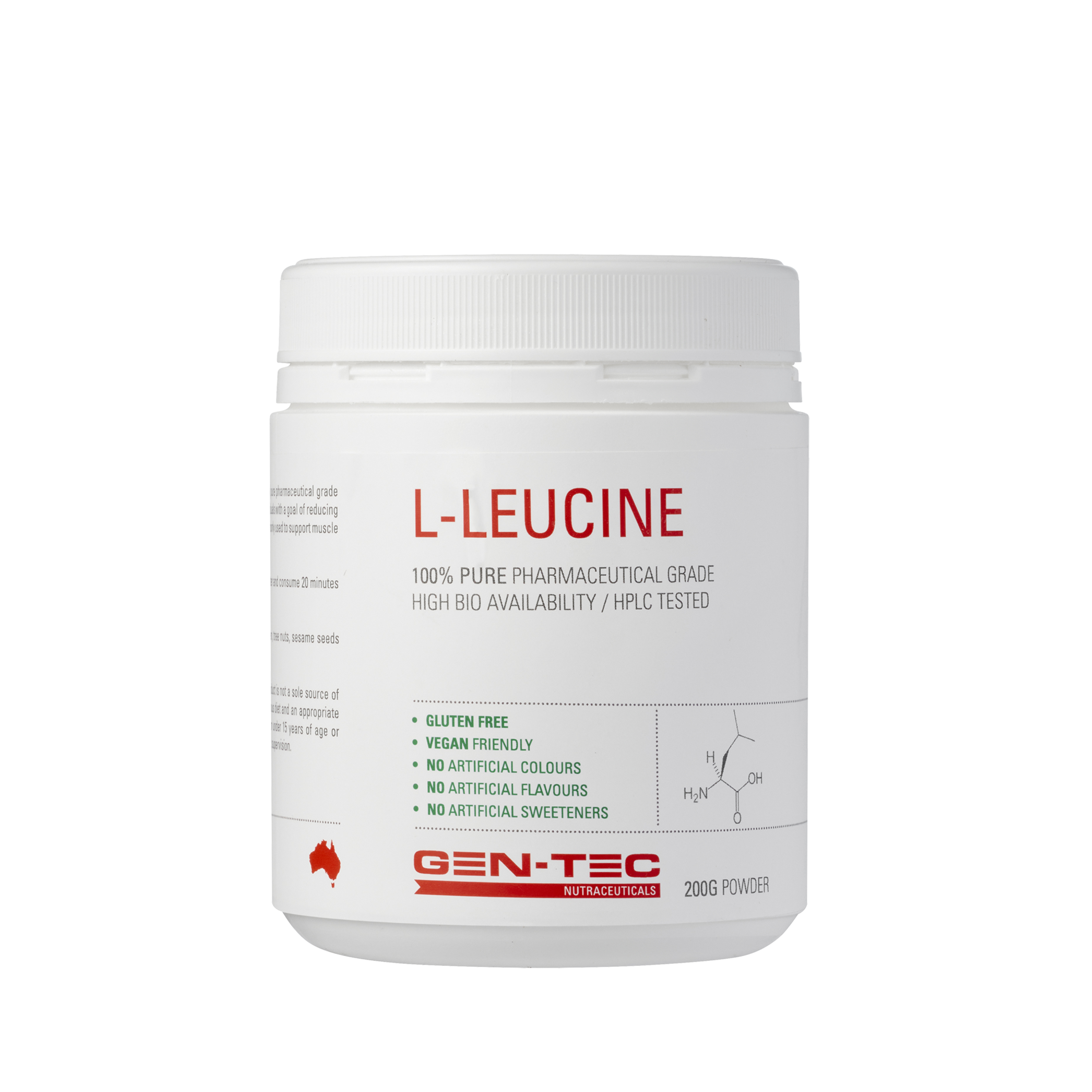 Container of L-Leucine powder by Gen-Tec Nutraceuticals on a white background
