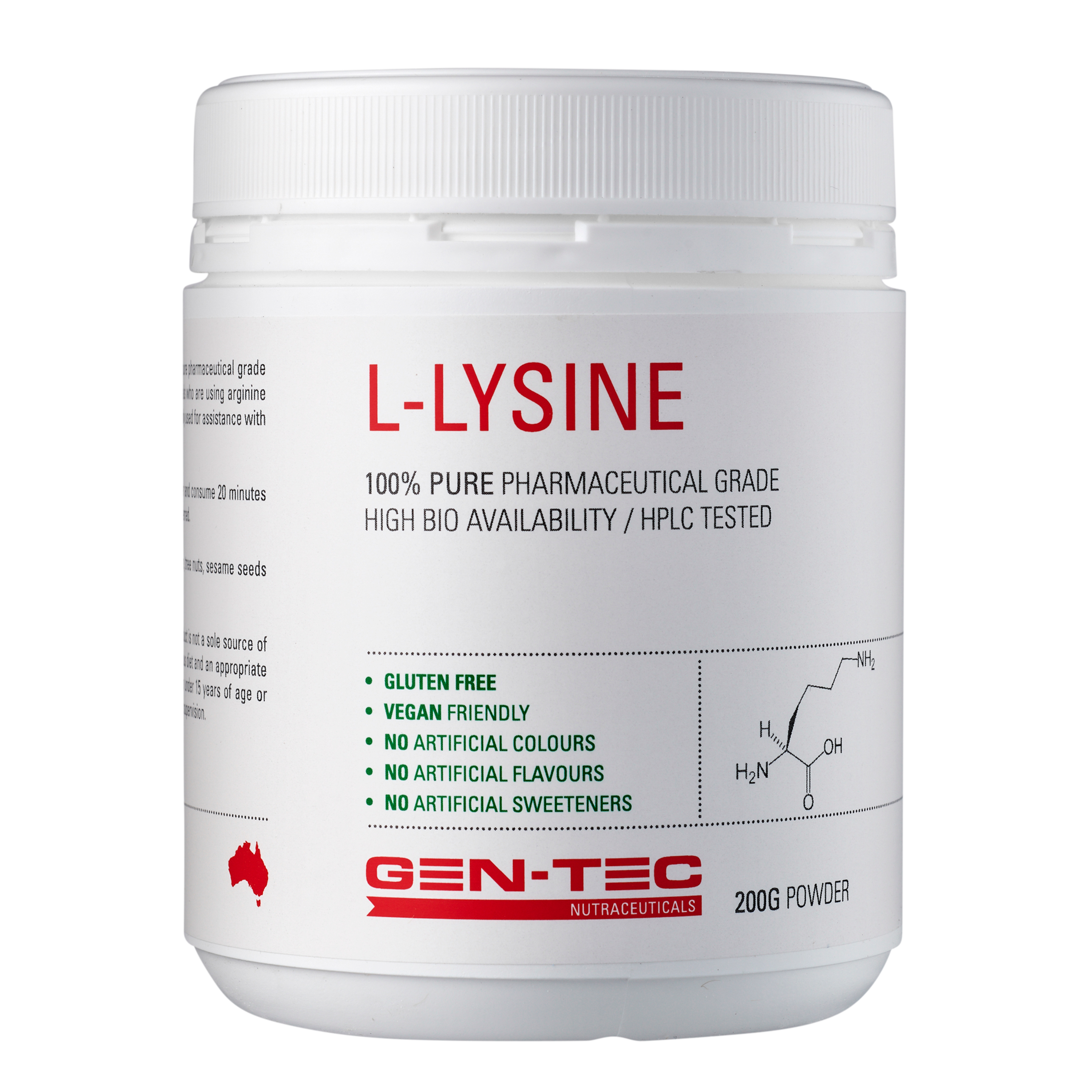 Container of L-Lysine powder by Gen-Tec on a white background