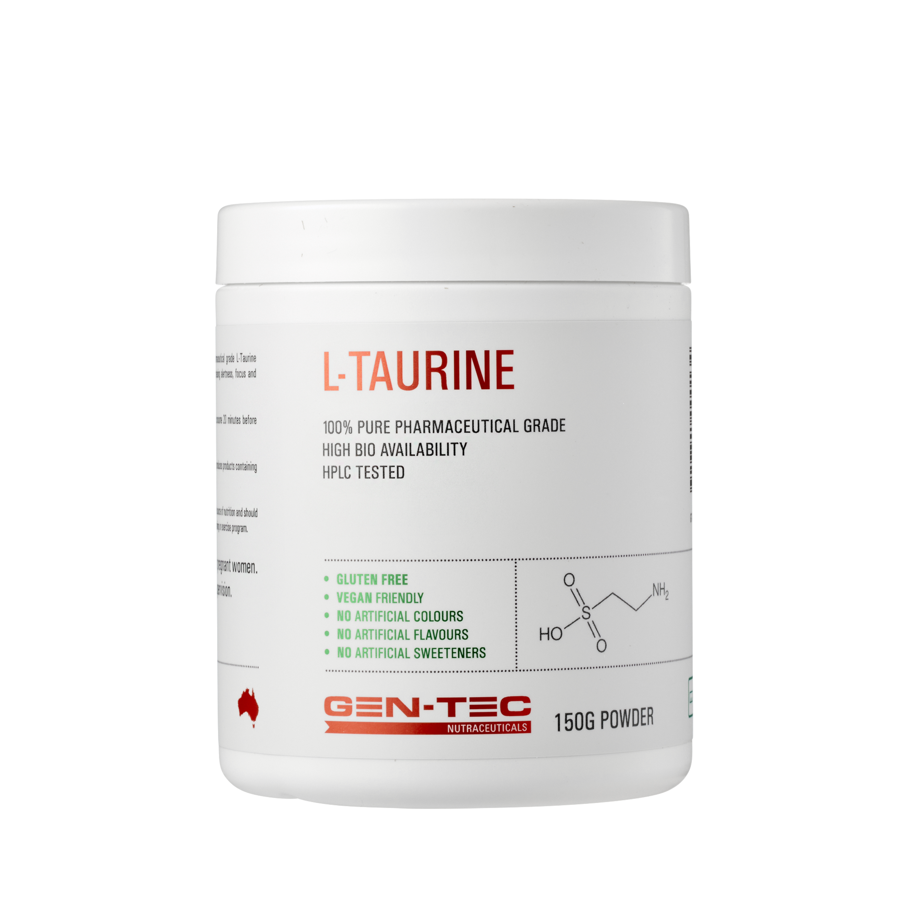 Container of L-Taurine powder by Gen-Tec Nutraceuticals on a white background