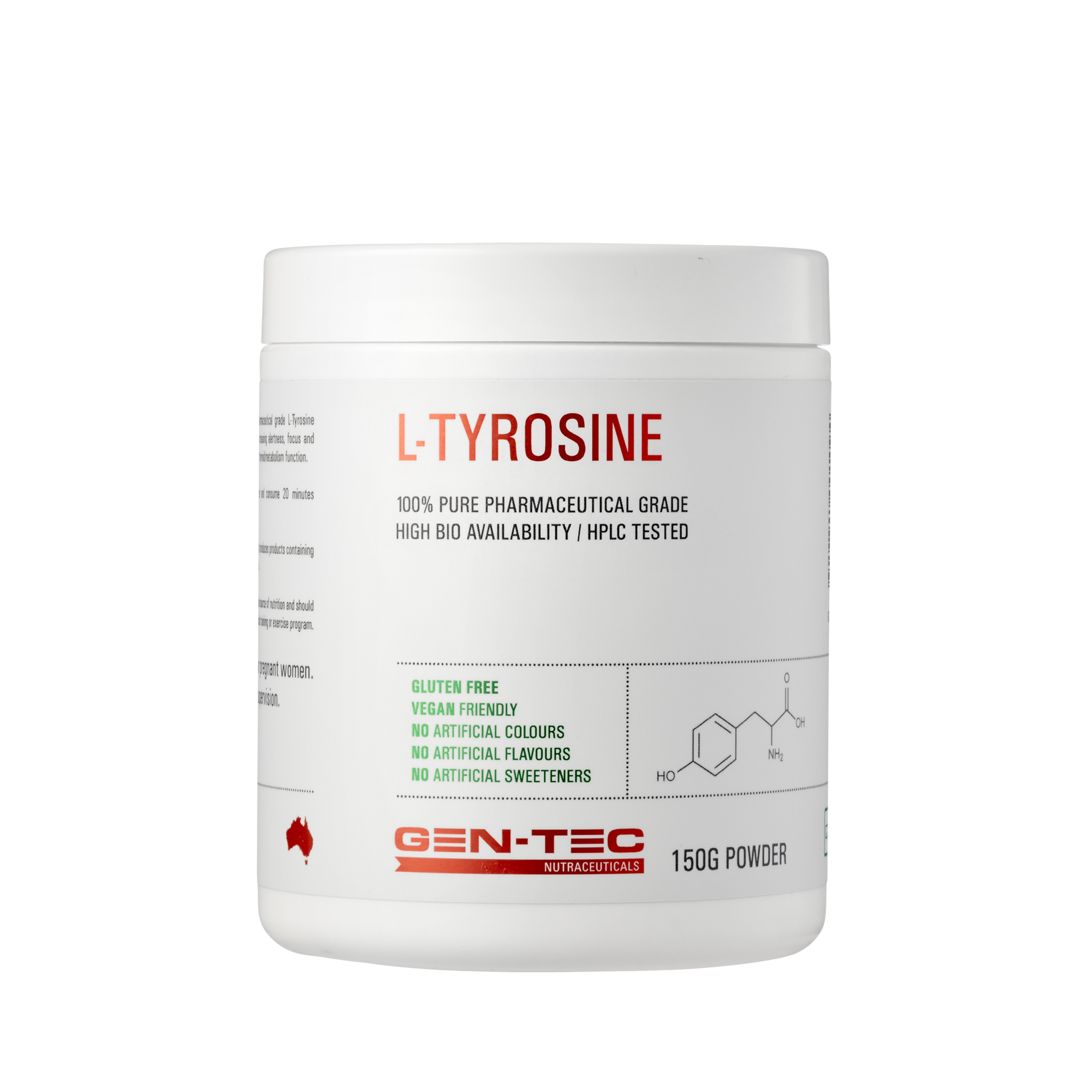 Container of L-Tyrosine powder by Gen-Tec Nutraceuticals on a white background