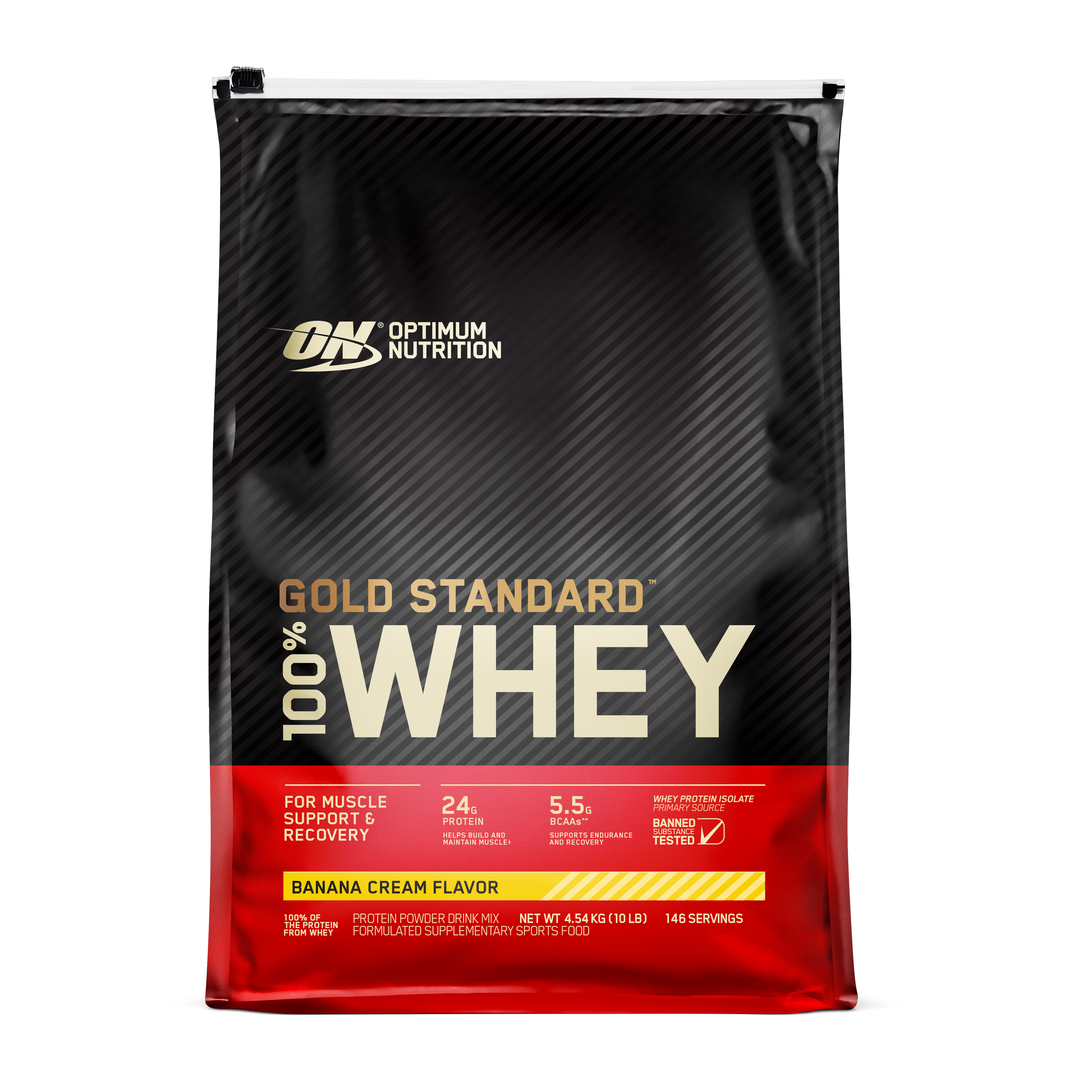 Optimum Nutrition Gold Standard 100% Whey protein powder package on a transparent background