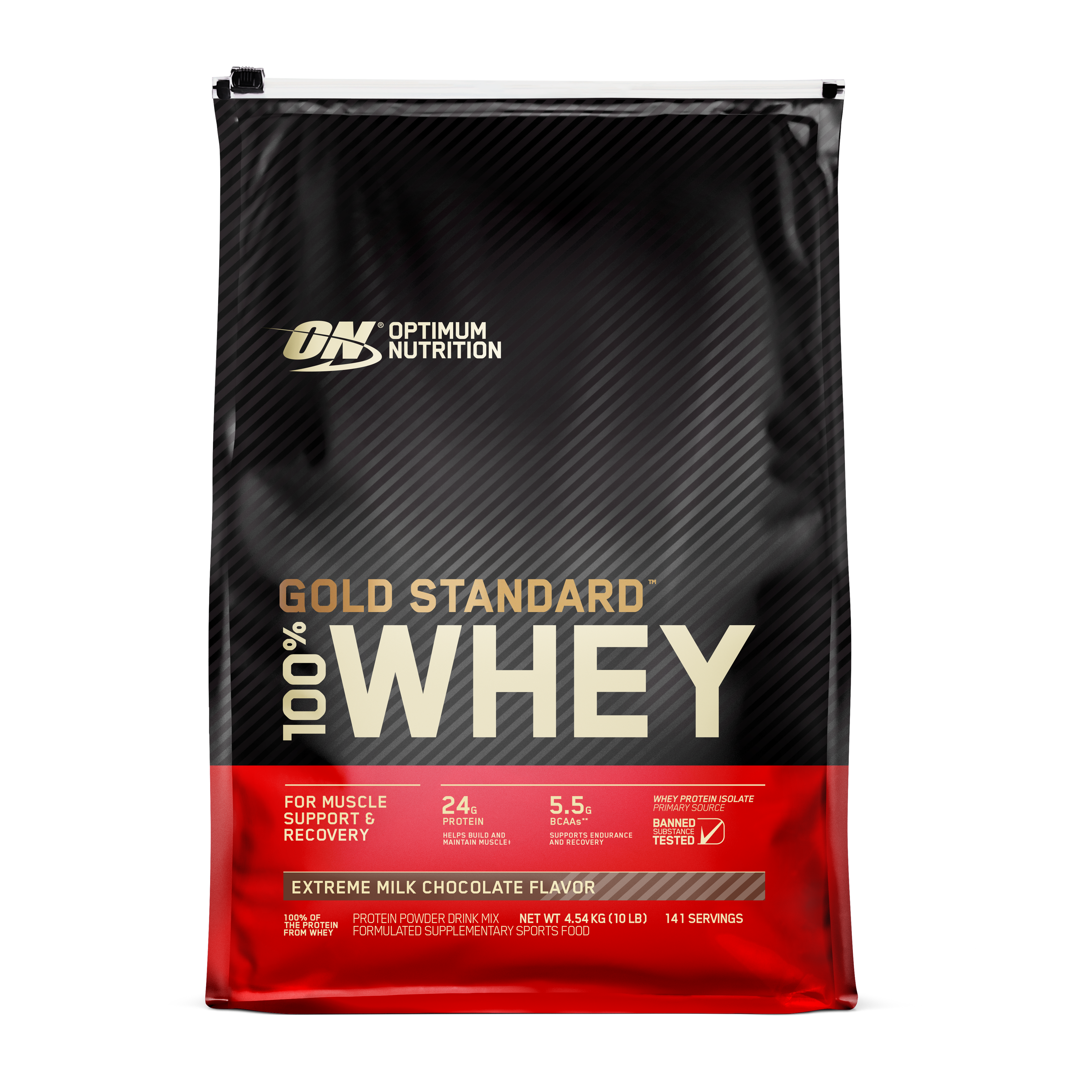 Optimum Nutrition Gold Standard 100% Whey protein powder package on a white background