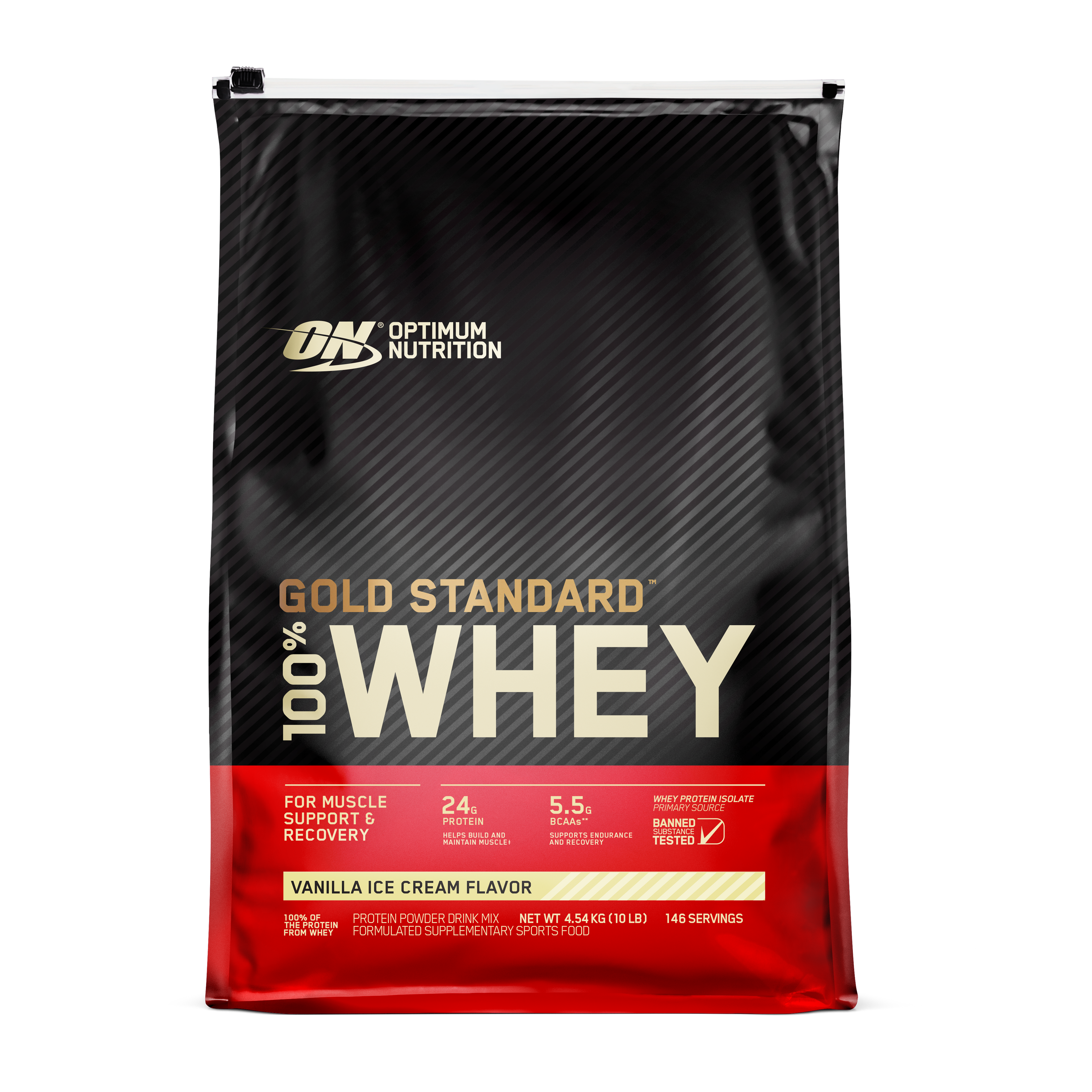 Optimum Nutrition Gold Standard 100% Whey protein powder package on a white background