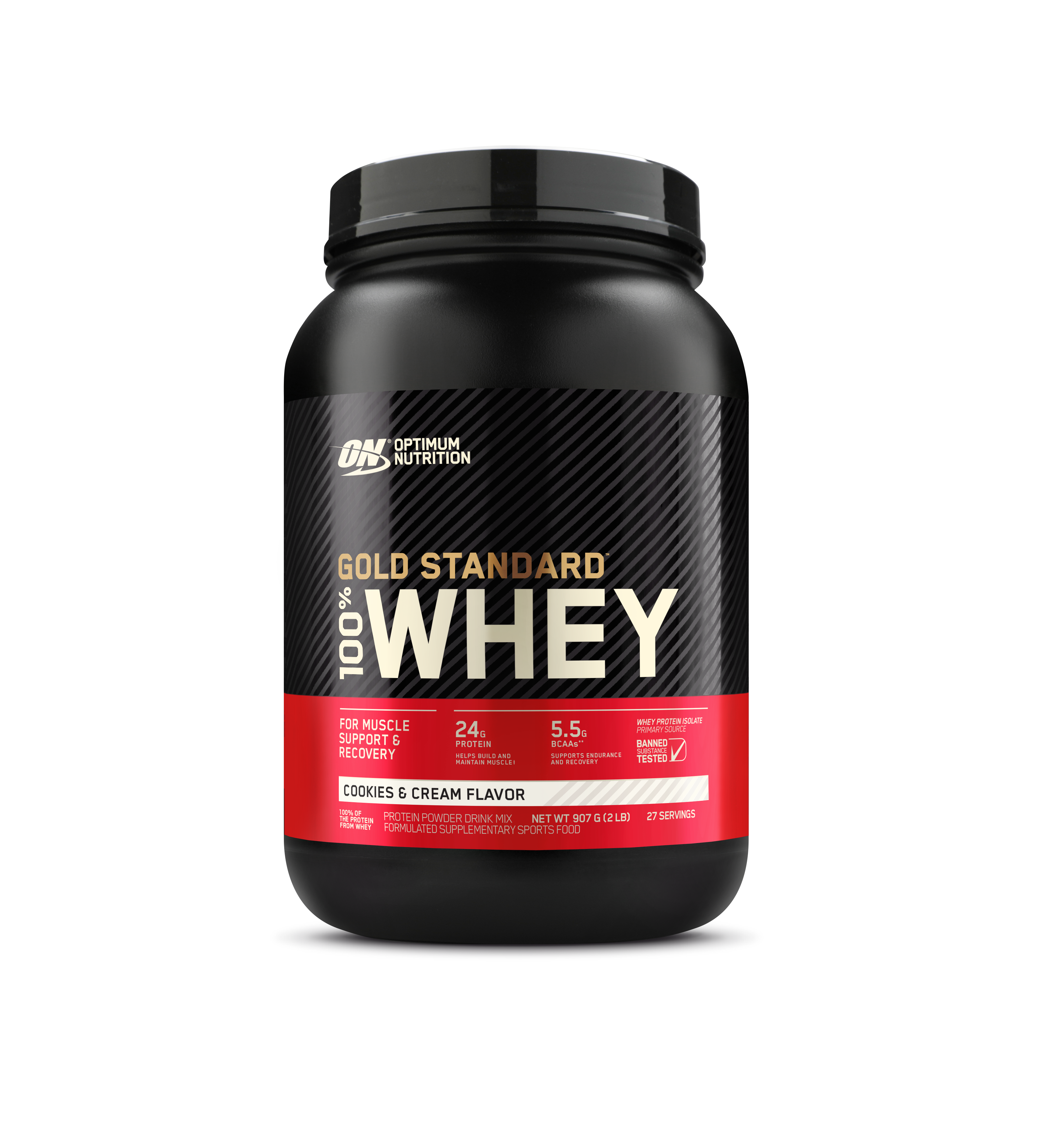 Optimum Nutrition Gold Standard 100% Whey protein powder container on a white background