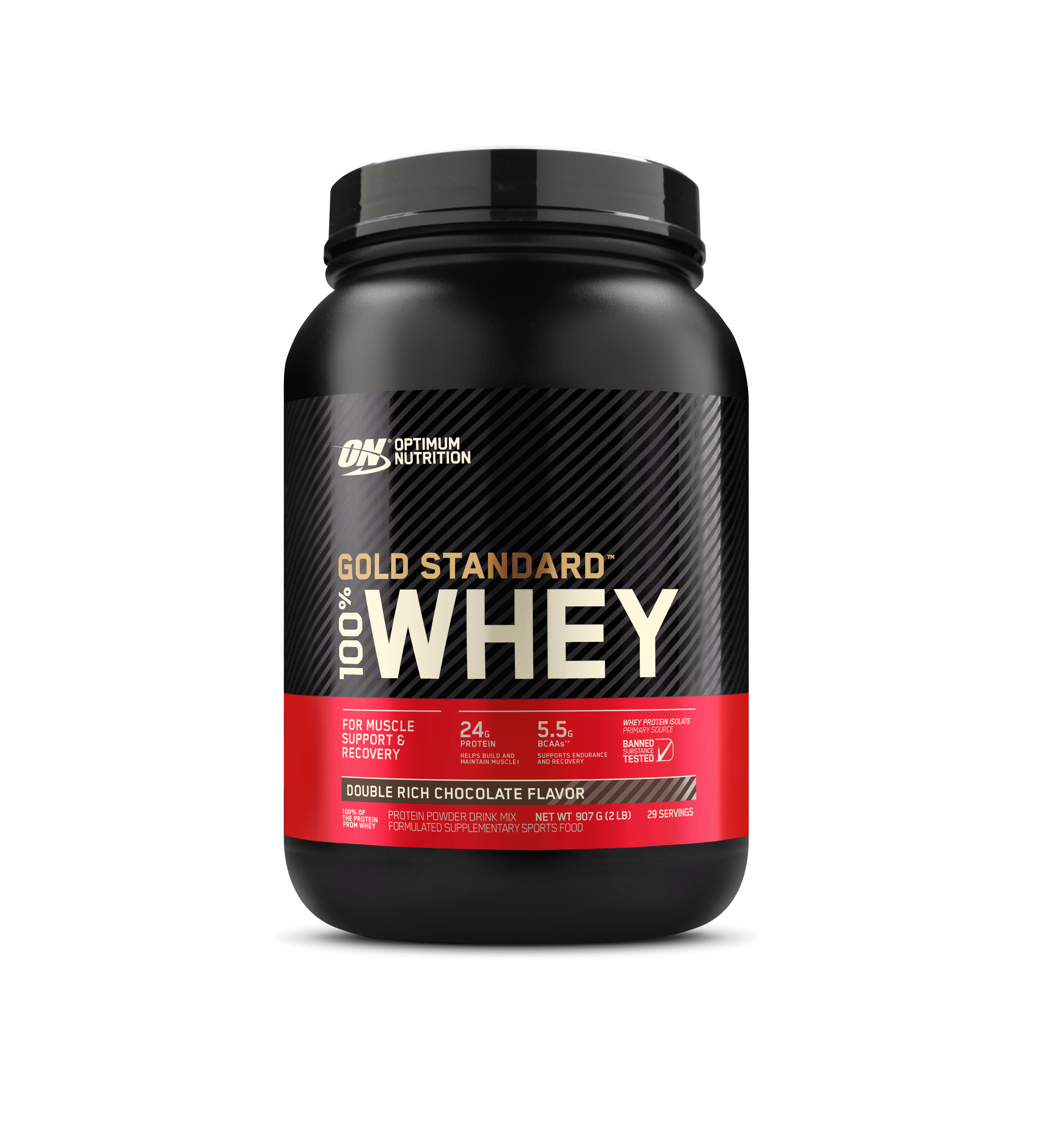 Optimum Nutrition Gold Standard 100% Whey protein powder container on a white background