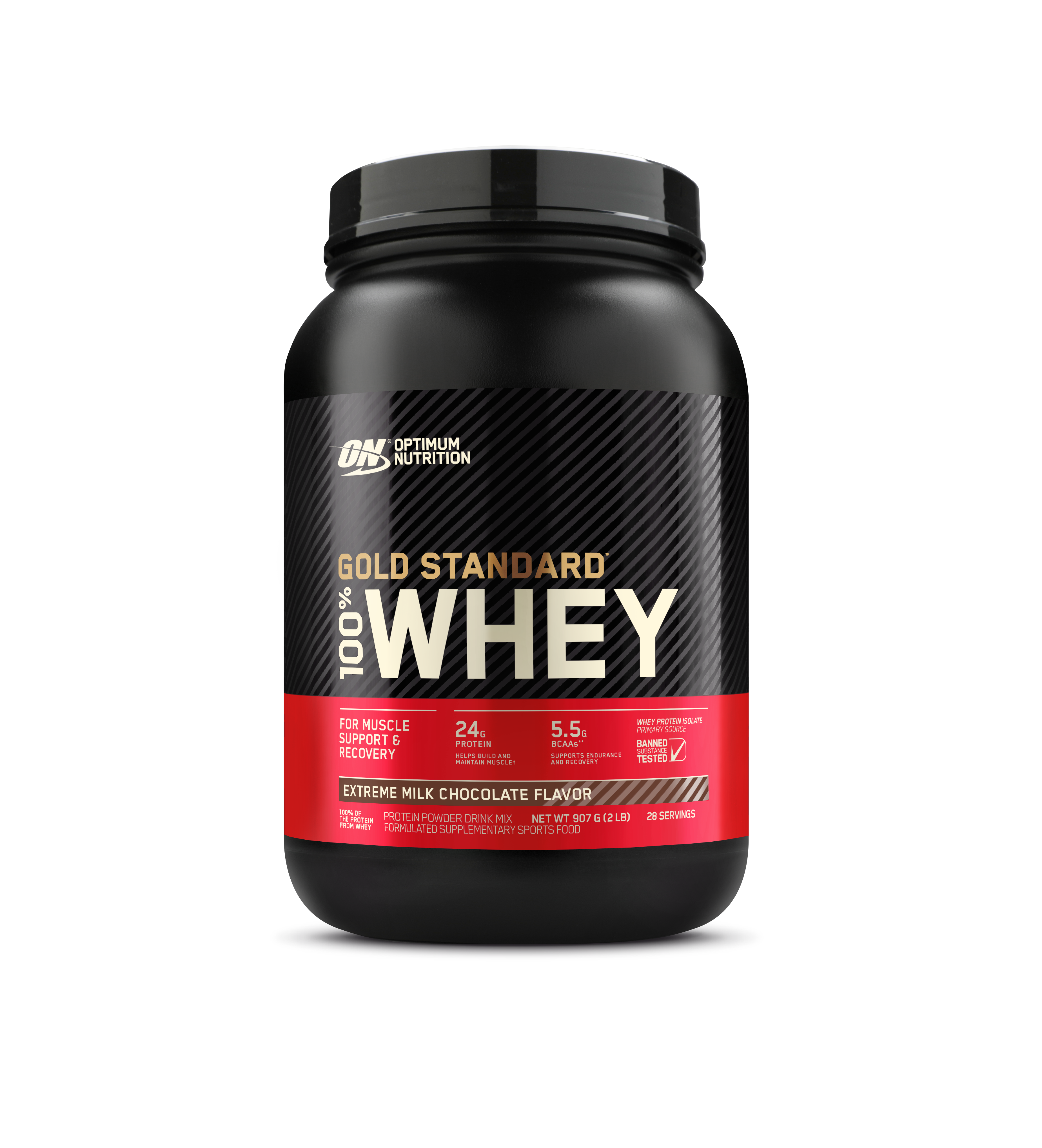 Optimum Nutrition Gold Standard 100% Whey protein powder container on a white background