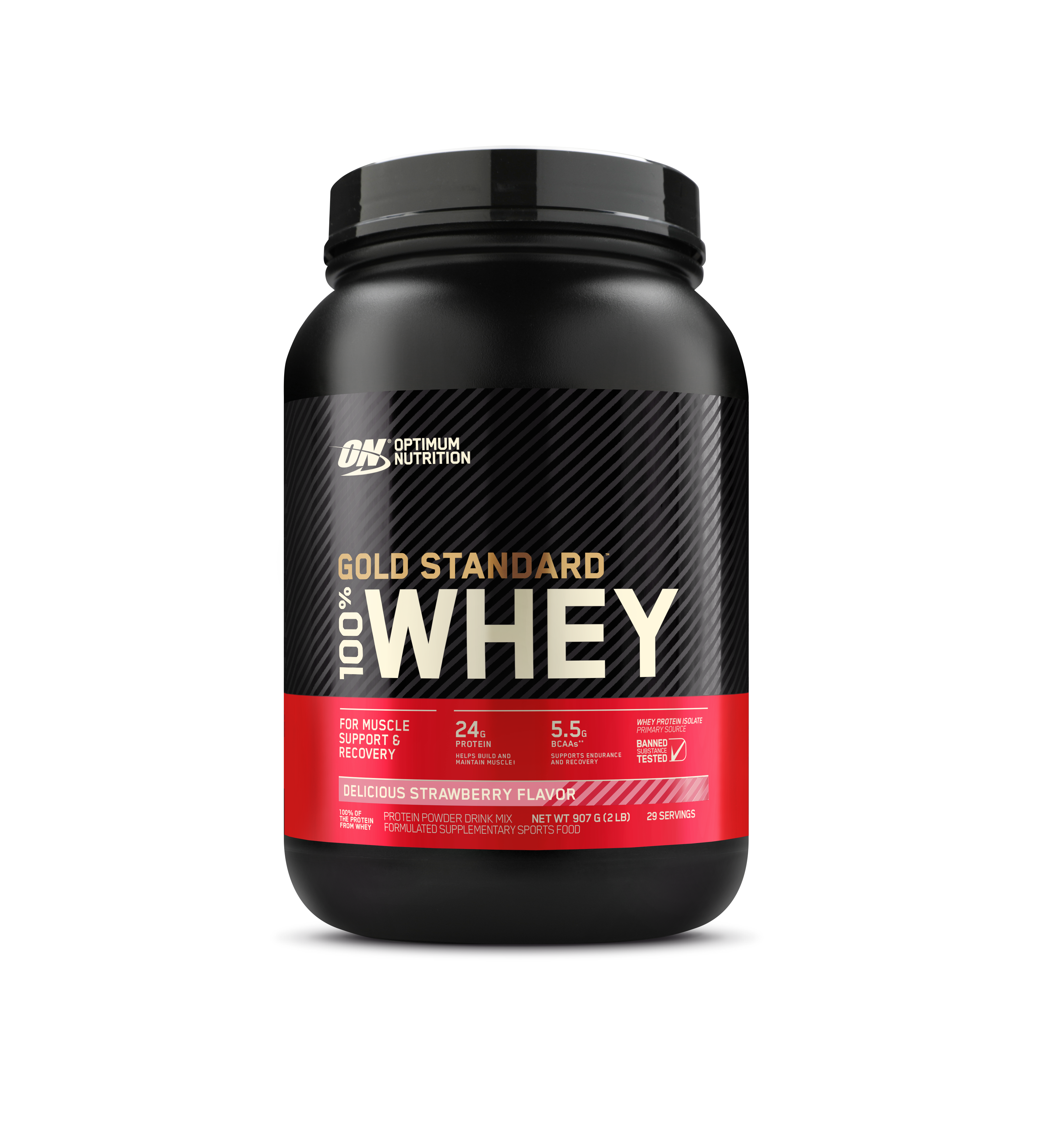 Optimum Nutrition Gold Standard 100% Whey protein powder container on a white background