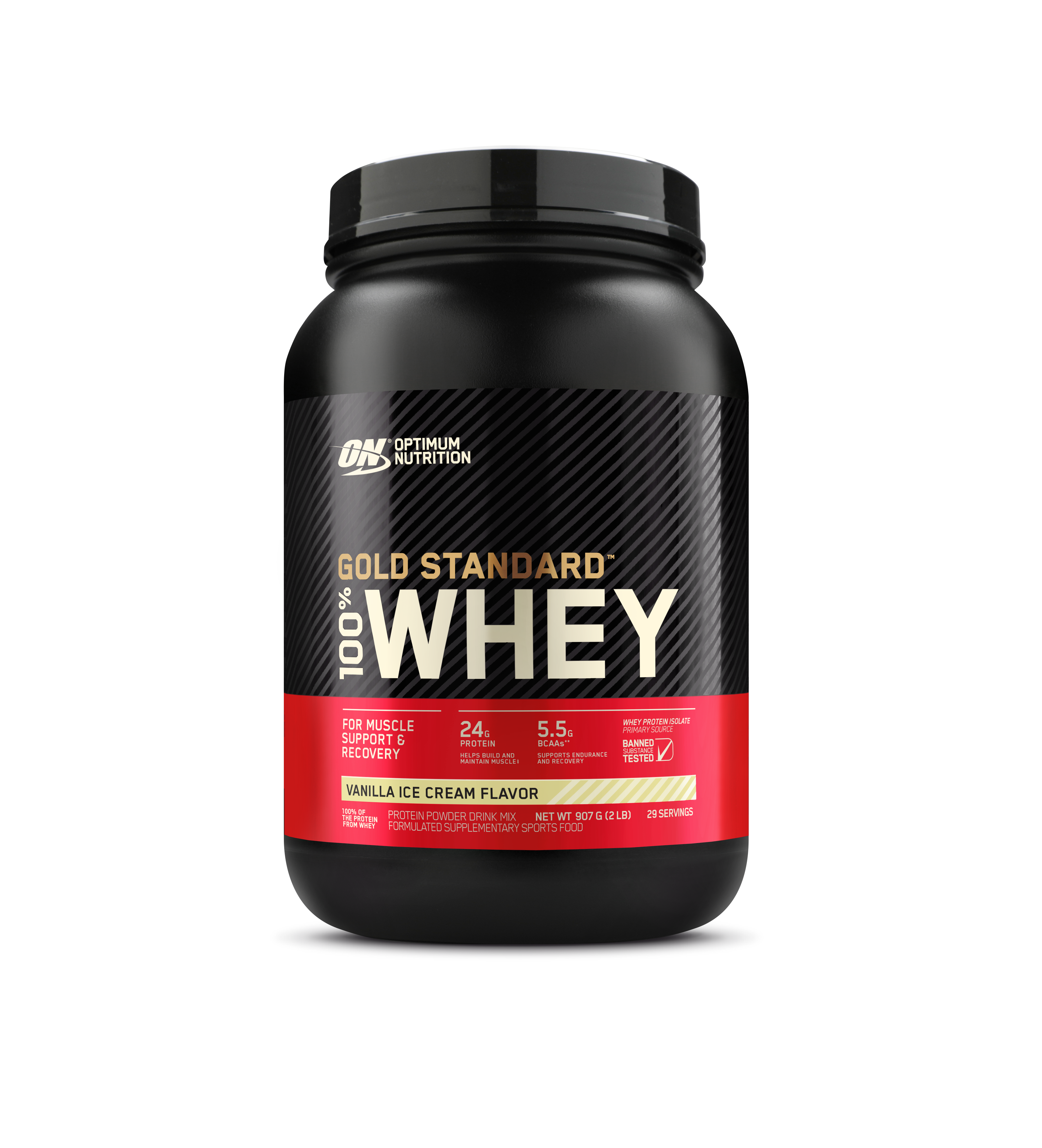 Optimum Nutrition Gold Standard 100% Whey protein powder container on a white background
