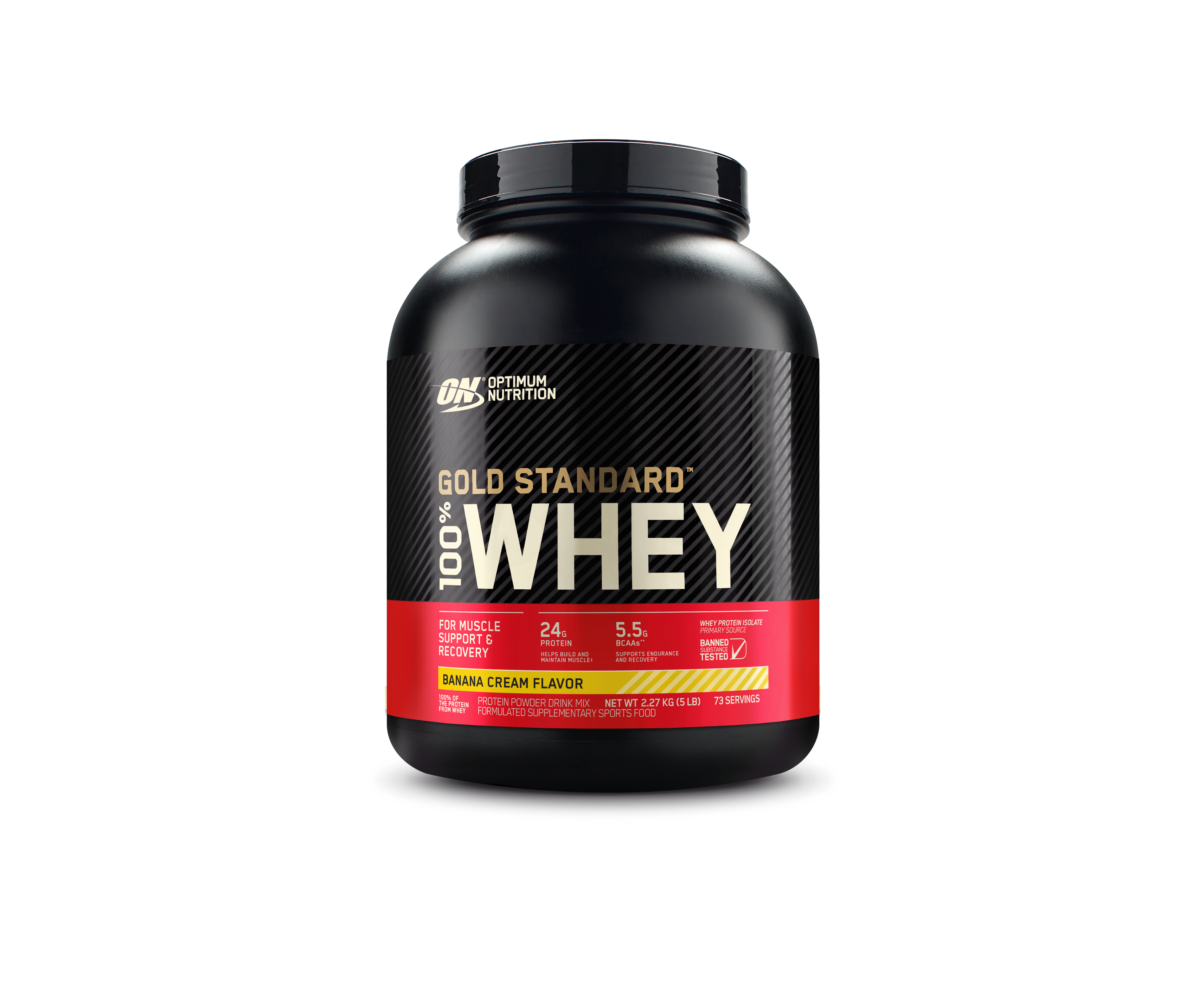 Black container of Optimum Nutrition Gold Standard 100% Whey protein powder on a white background