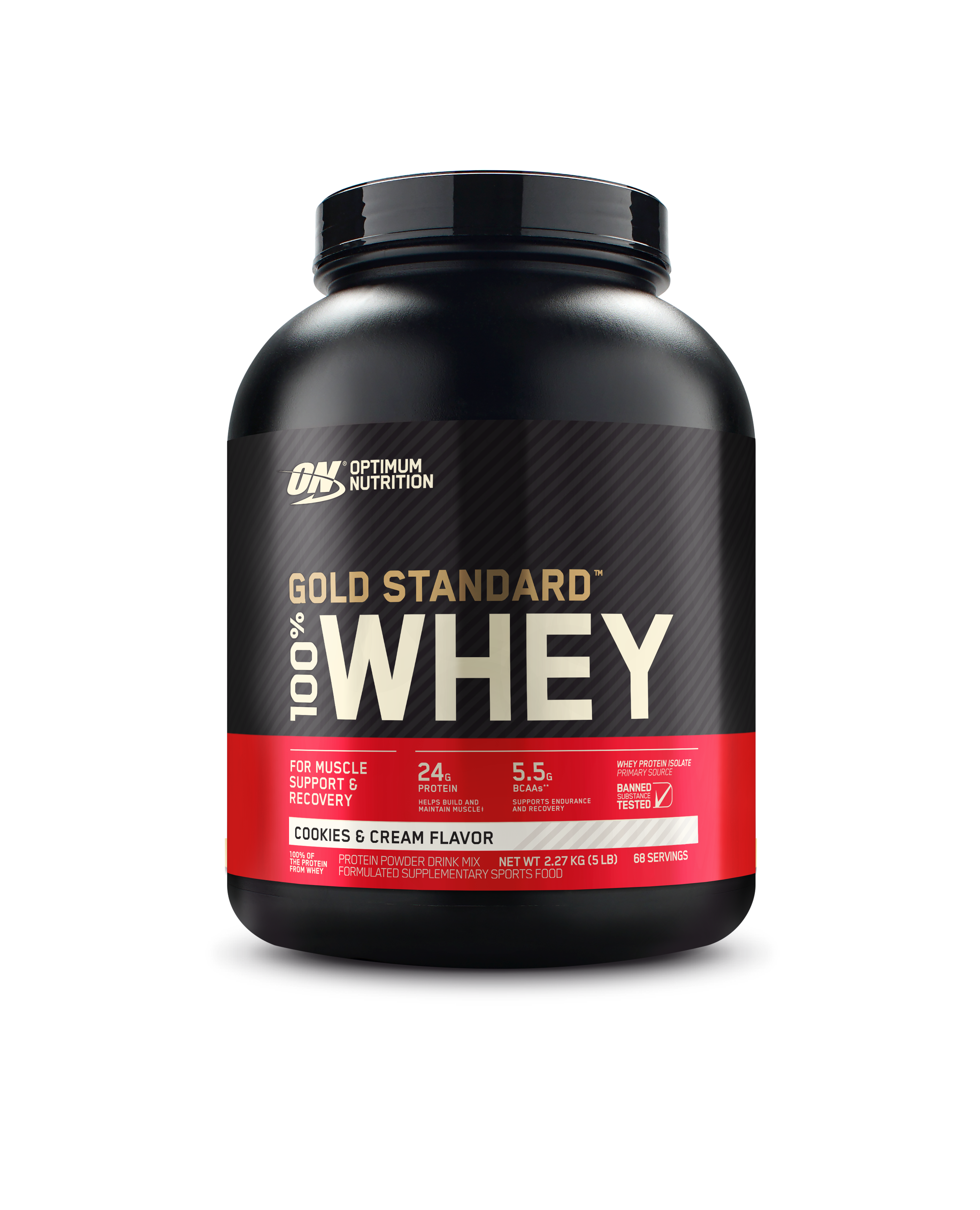 Optimum Nutrition Gold Standard 100% Whey protein powder container on a white background