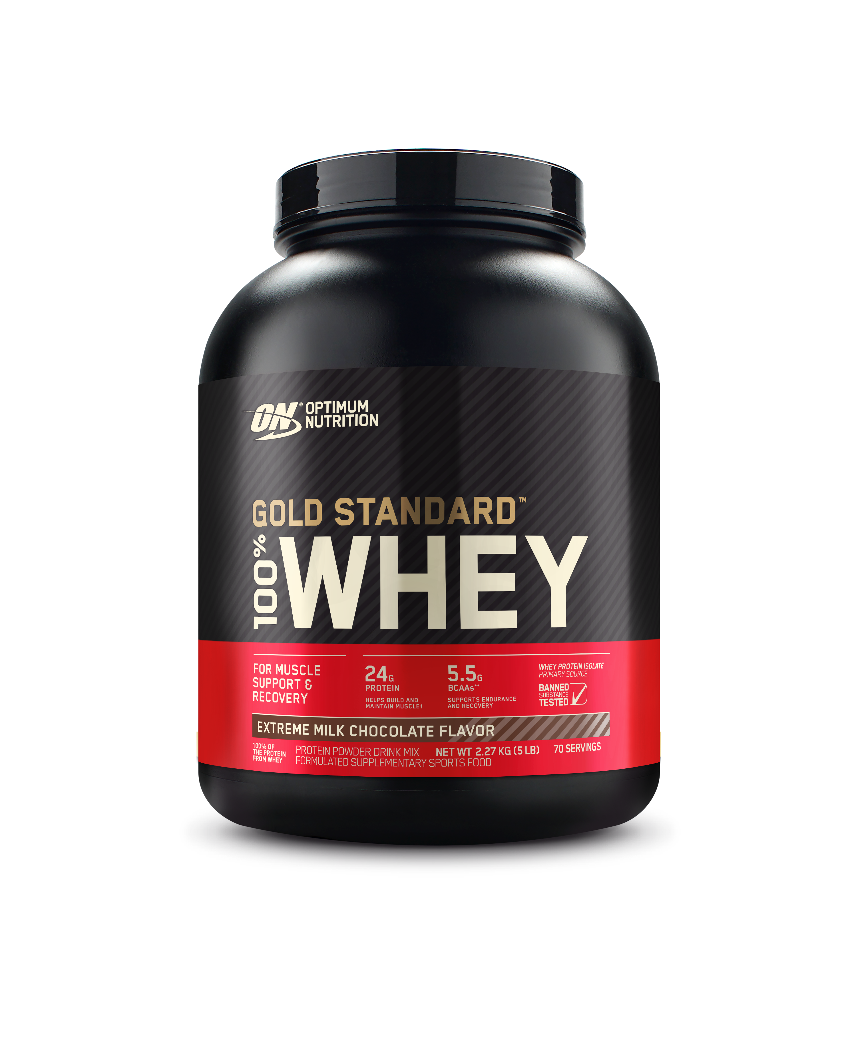 Optimum Nutrition Gold Standard 100% Whey protein powder container on a white background