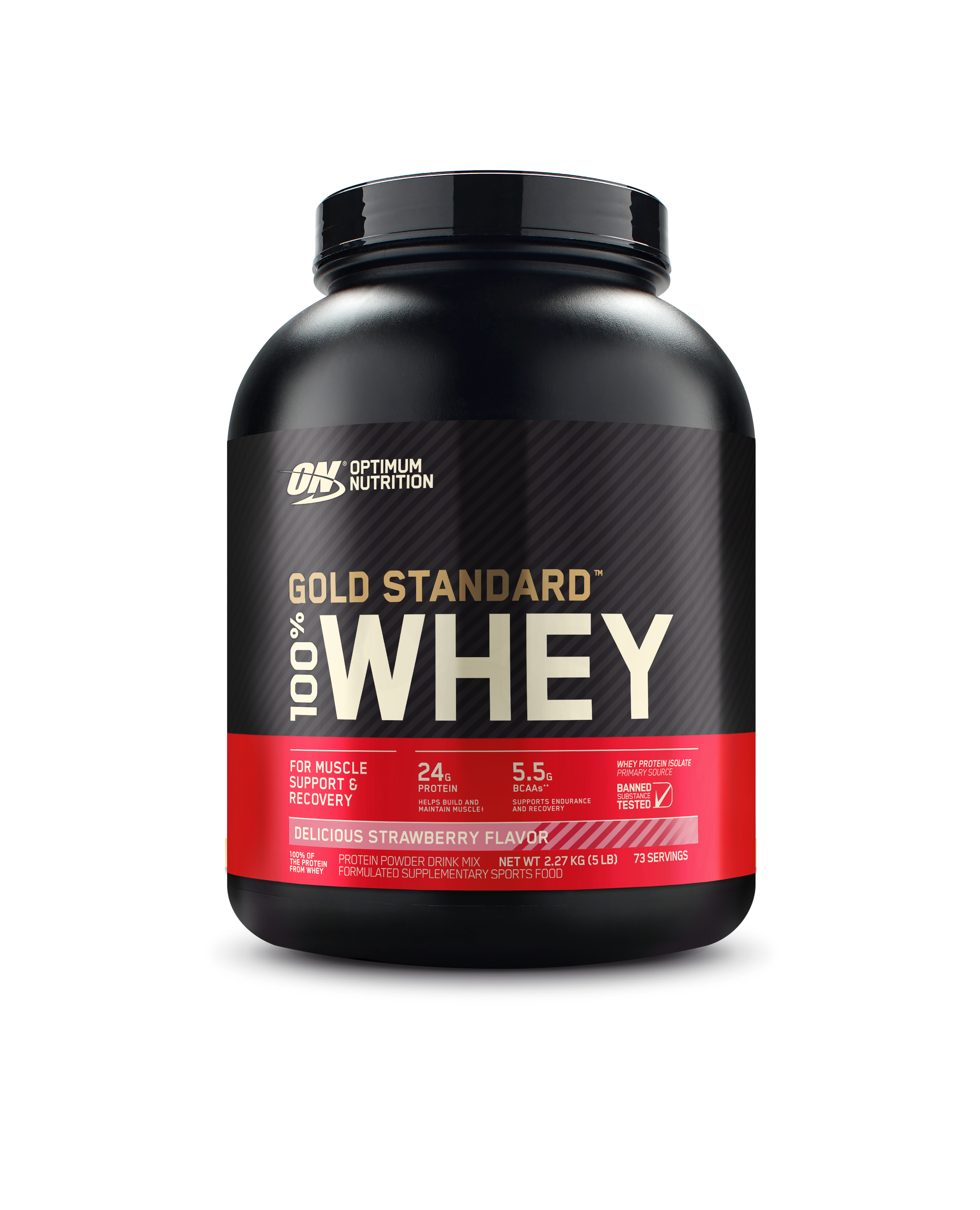 Optimum Nutrition Gold Standard 100% Whey protein powder container on a white background