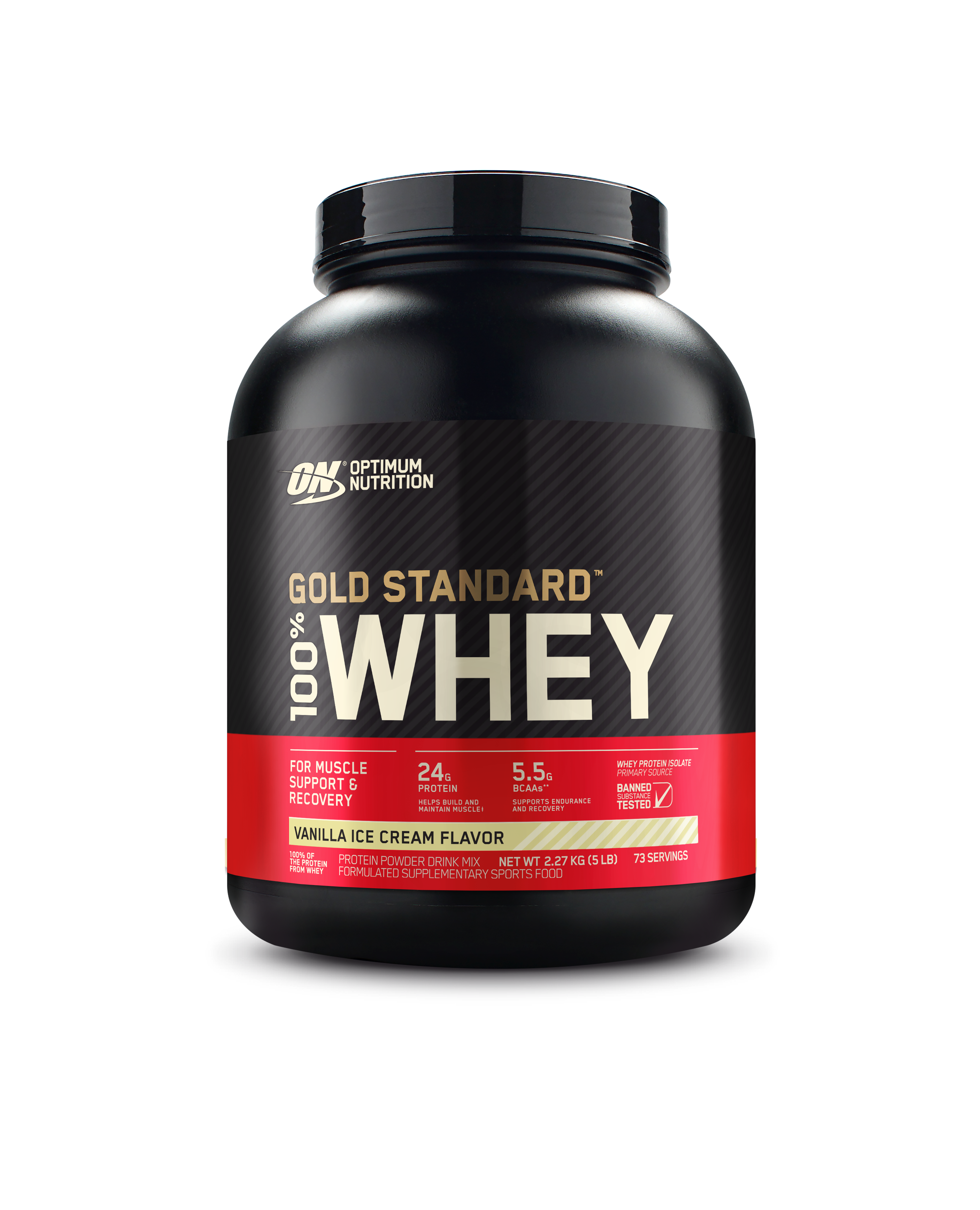 Optimum Nutrition Gold Standard 100% Whey protein powder container on a white background