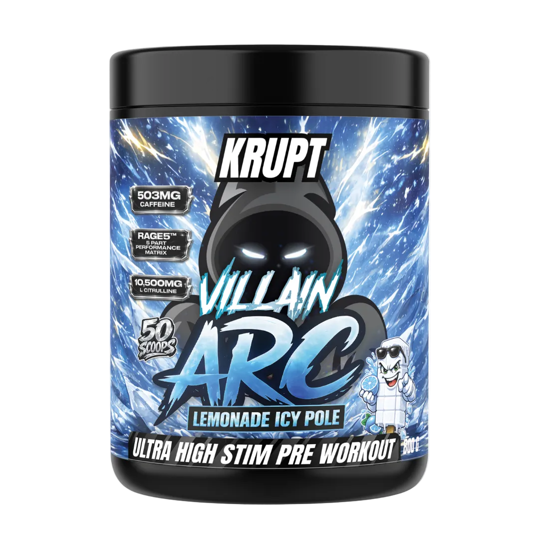 Krupt Villain ARC pre-workout supplement container with blue and black design
