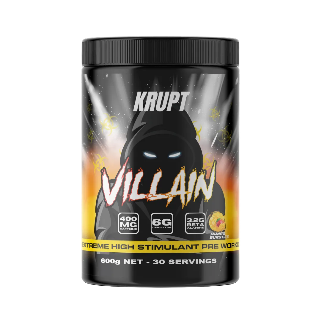 Krupt Villain pre-workout supplement container on a white background