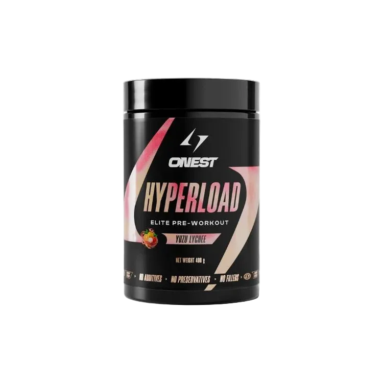 Black supplement container labeled 'Hyperload' by Onest on a white background