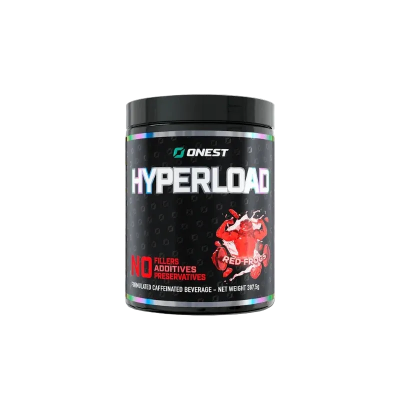 A black plastic tub of ONEST Hyperload Red Energy flavored caffeine-free beverage mix, featuring a black label with white and red text and a red splash graphic, set against a plain white background.