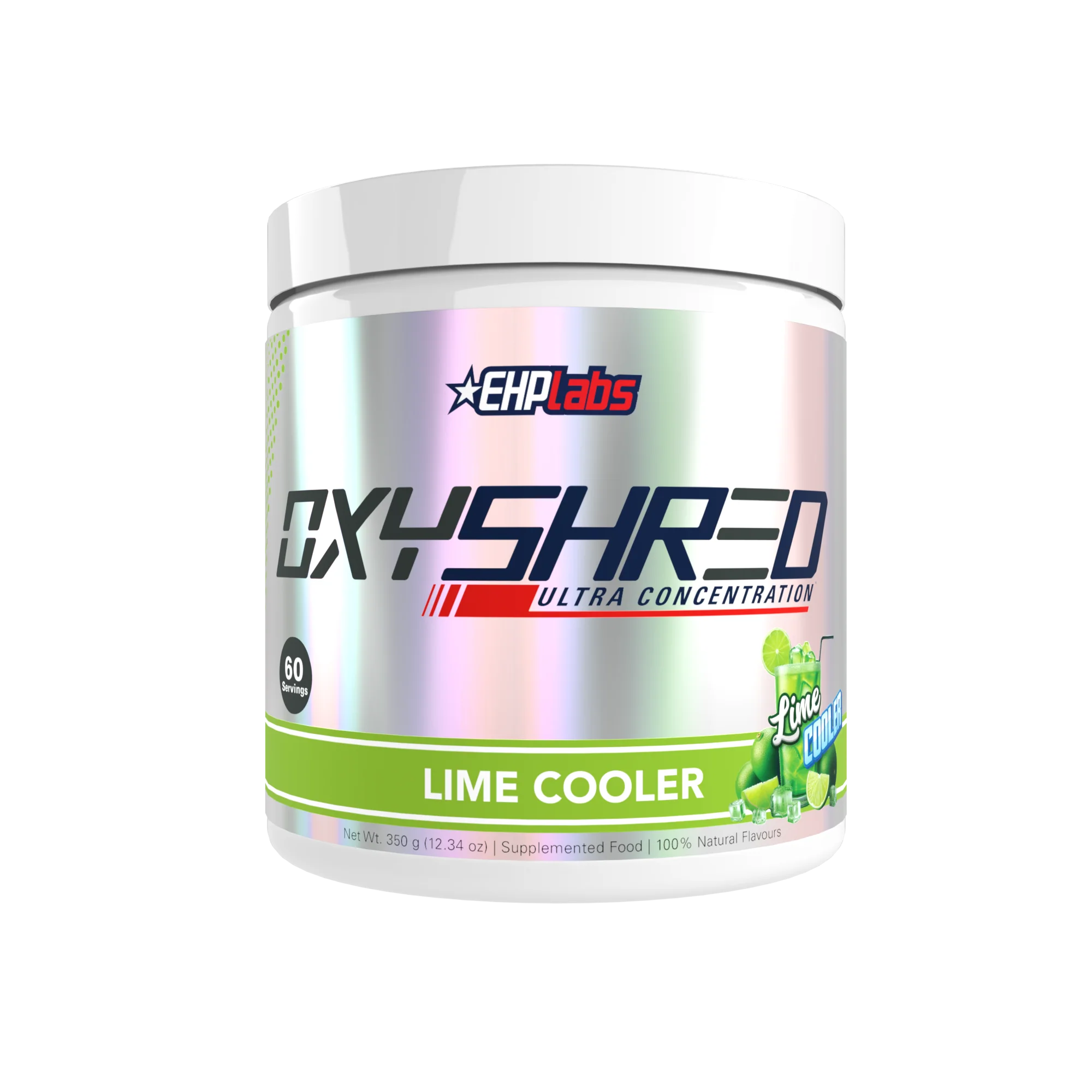 OxyShred supplement container by EHP Labs with lime cooler flavor on a white background