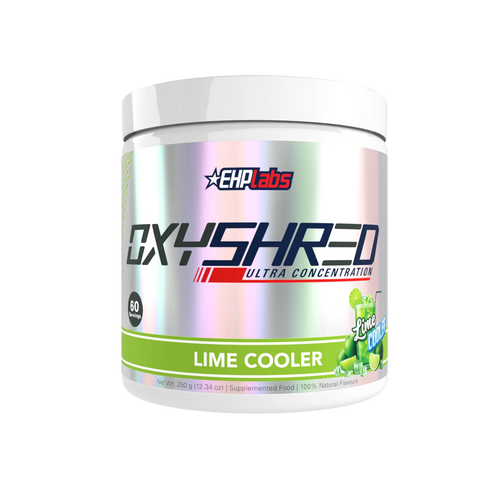 OxyShred supplement container by EHP Labs with lime cooler flavor on a white background