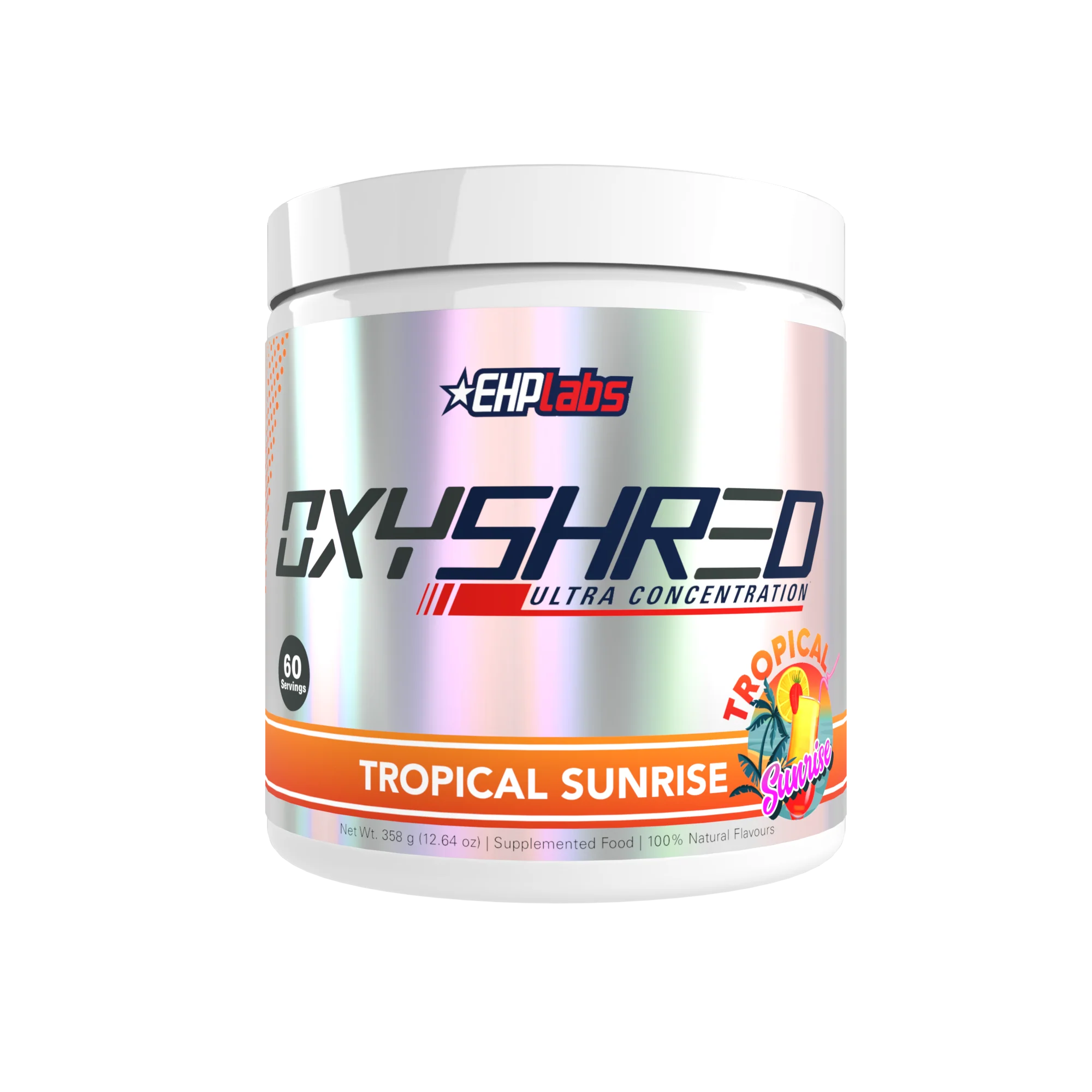 OxyShred supplement container by GPlabs with tropical sunrise flavor on a white background