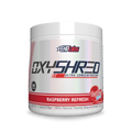 Supplement container labeled 'OXYSHRED' by EHP Labs with raspberry refresh flavor on a white background.