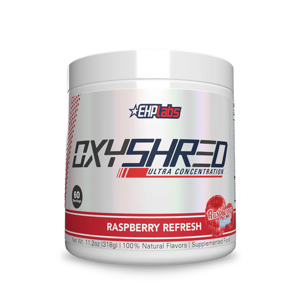 Supplement container labeled 'OXYSHRED' by EHP Labs with raspberry refresh flavor on a white background.